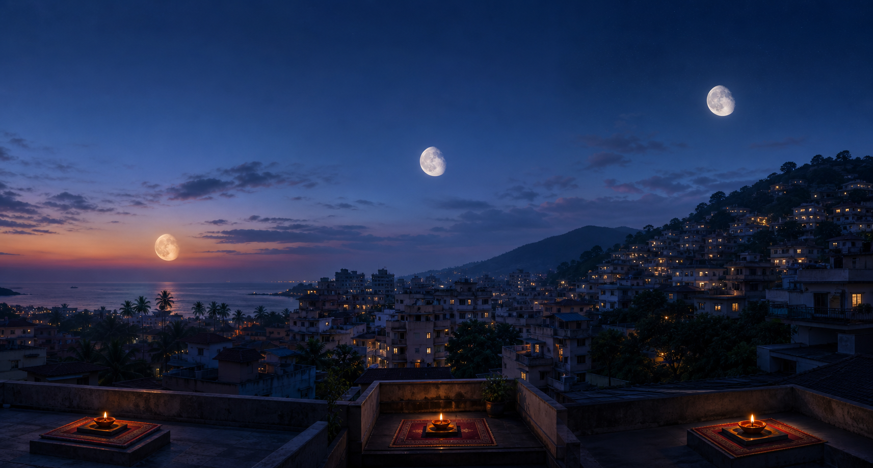 Three different Indian horizons under an evening sky, with the Moon appearing at different heights above coastal, urban, and foothill settings.