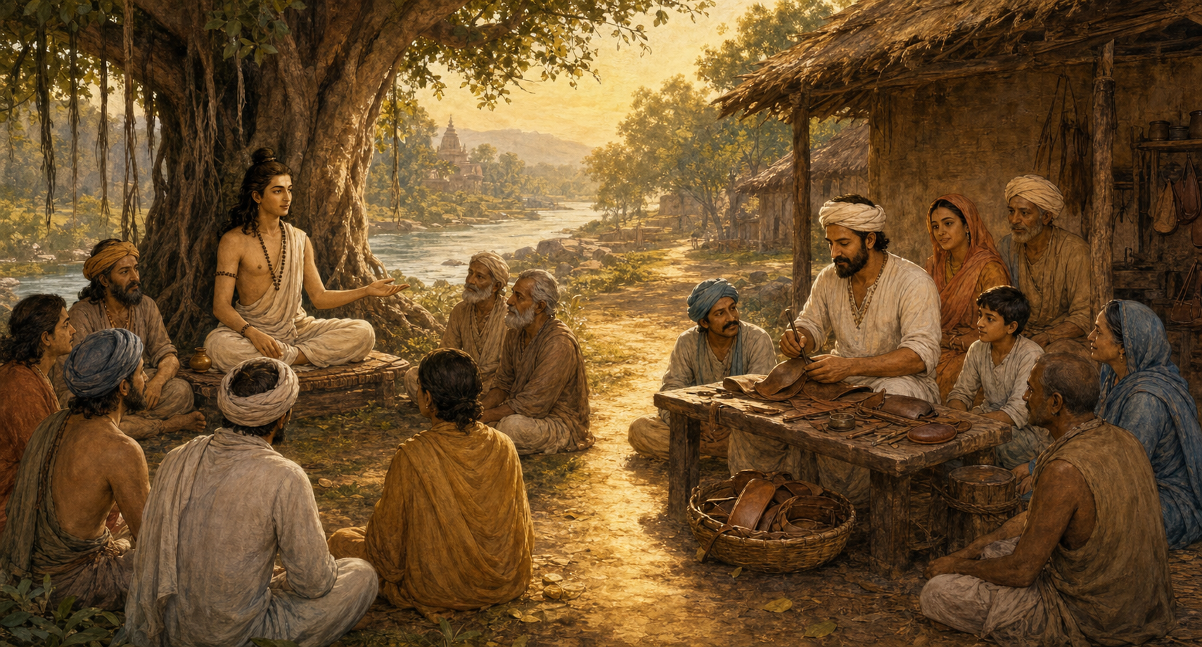 An ancient sage teaches listeners beneath a banyan tree while the artisan-saint Ravidas works at a humble craft bench among an inclusive community, joined by a path of golden light.