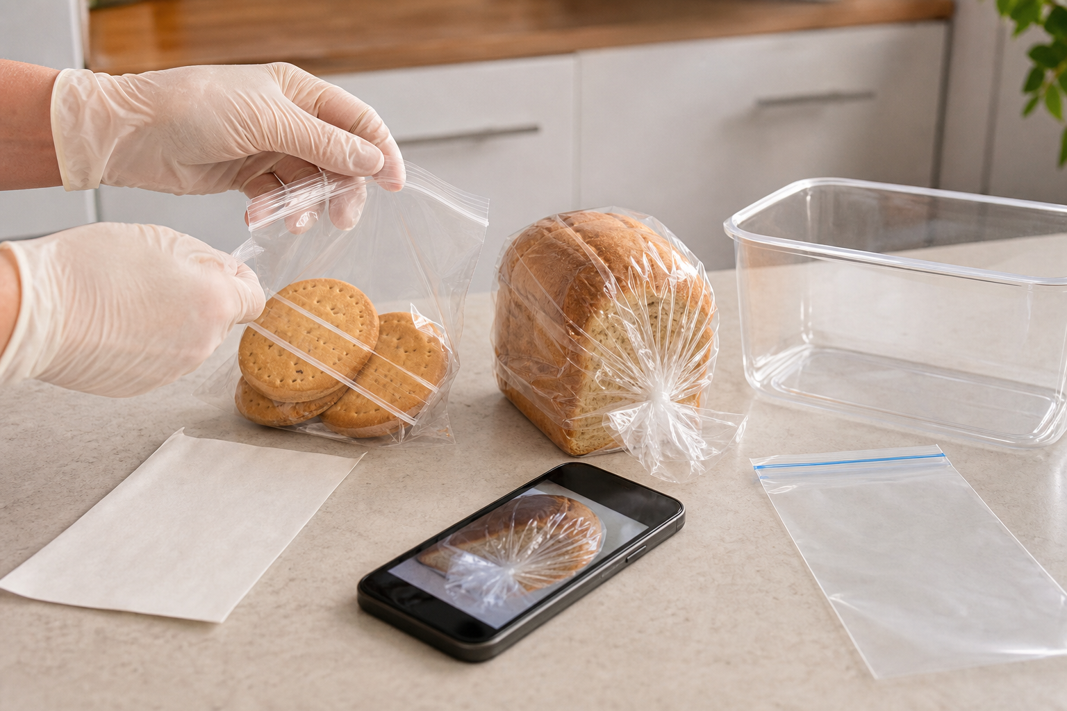 Gloved hands seal unbranded biscuits and bread in separate clear bags while a smartphone photographs the packaging.