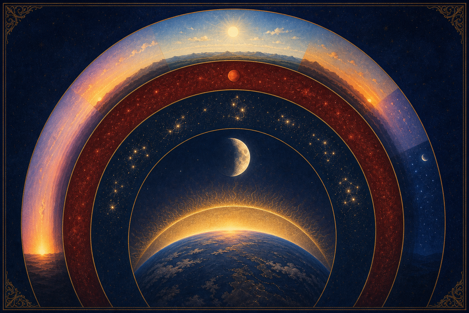 A layered celestial illustration with the Sun, a waning Moon, star groups, a red planetary accent, and bands of changing daylight around an Earth horizon.