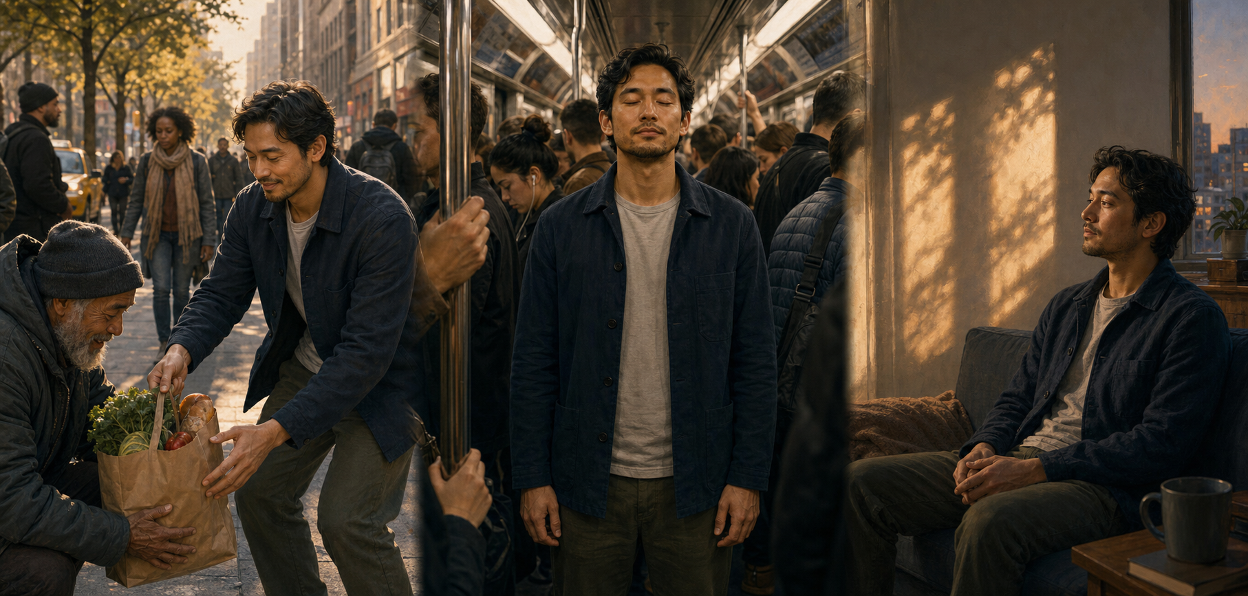 The same person helps a stranger with groceries, practices calm attention on a crowded train, and sits observing light and shadow at home.