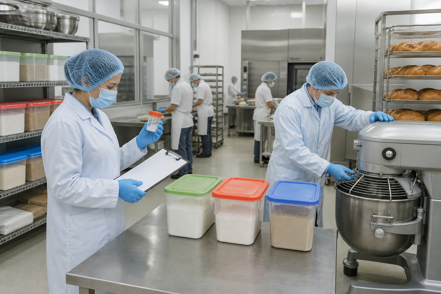 An inspector reviews sealed samples in a clean commercial bakery with protected ingredients, sanitized equipment, and separated production zones.