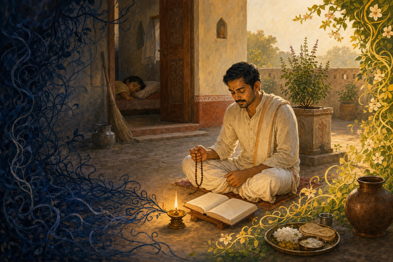 A householder meditates with prayer beads beside an oil lamp while signs of family life and daily duties surround the courtyard.