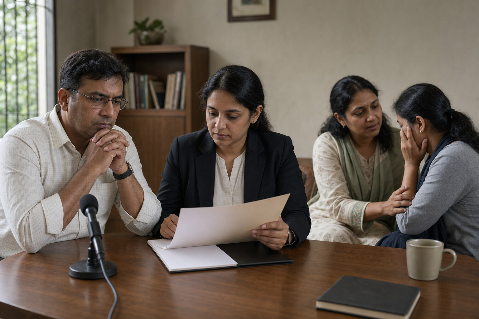 A community representative pauses at a microphone while a lawyer reviews a file and a volunteer supports a family member.