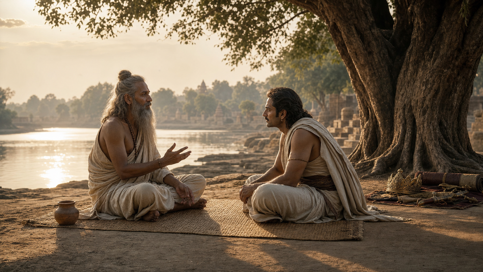 A sage speaks beside a river to a deeply attentive listener who has placed his crown and possessions behind him as long afternoon shadows stretch across the ground.