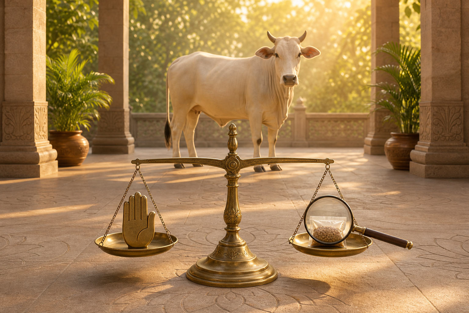 A calm cow stands behind a level brass balance holding a protective hand symbol and a magnifying lens over a sealed food sample.