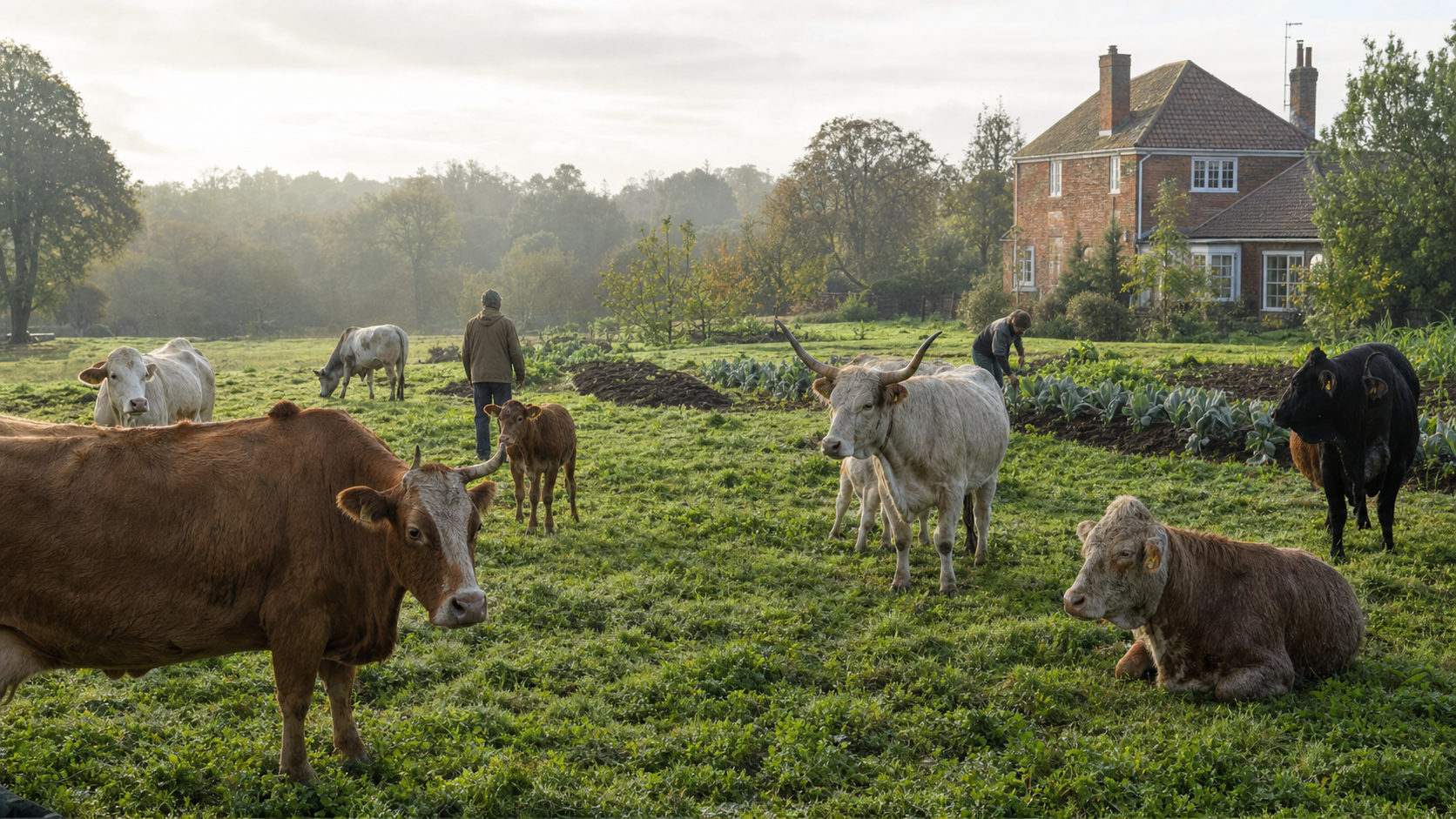 Cows, calves, oxen and an elderly cow graze near vegetable beds and a brick farmstead in the Hertfordshire countryside.