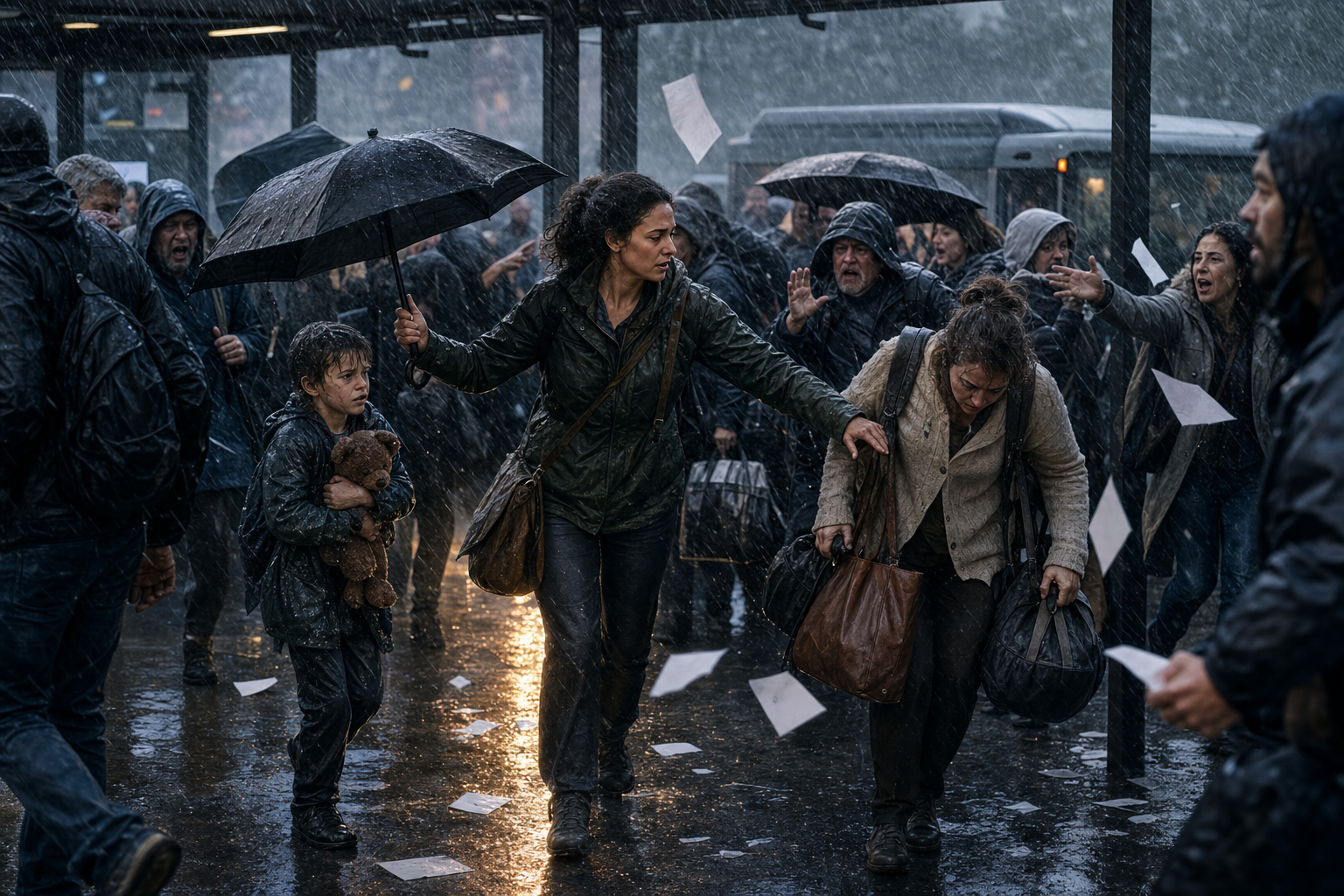 Amid an agitated crowd at a rain-soaked transit stop, a calm person shelters a child and makes room for a traveler with bags.