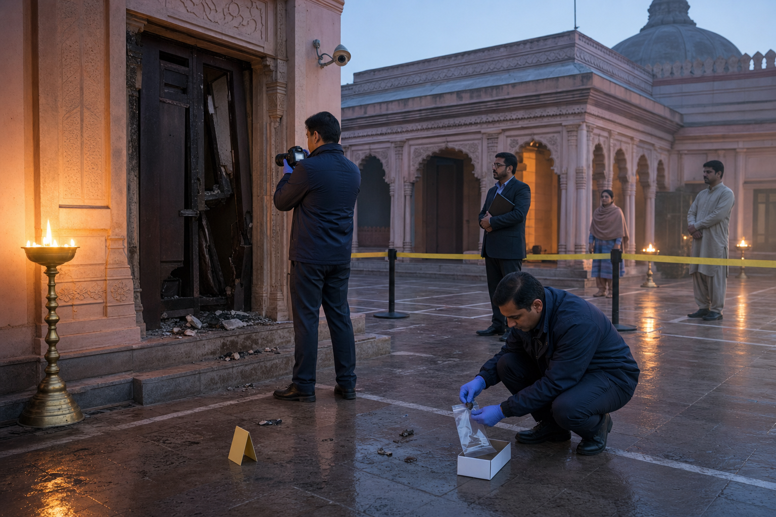 Investigators photograph a damaged shrine doorway and preserve a fragment while witnesses and a lawyer observe the secured scene.