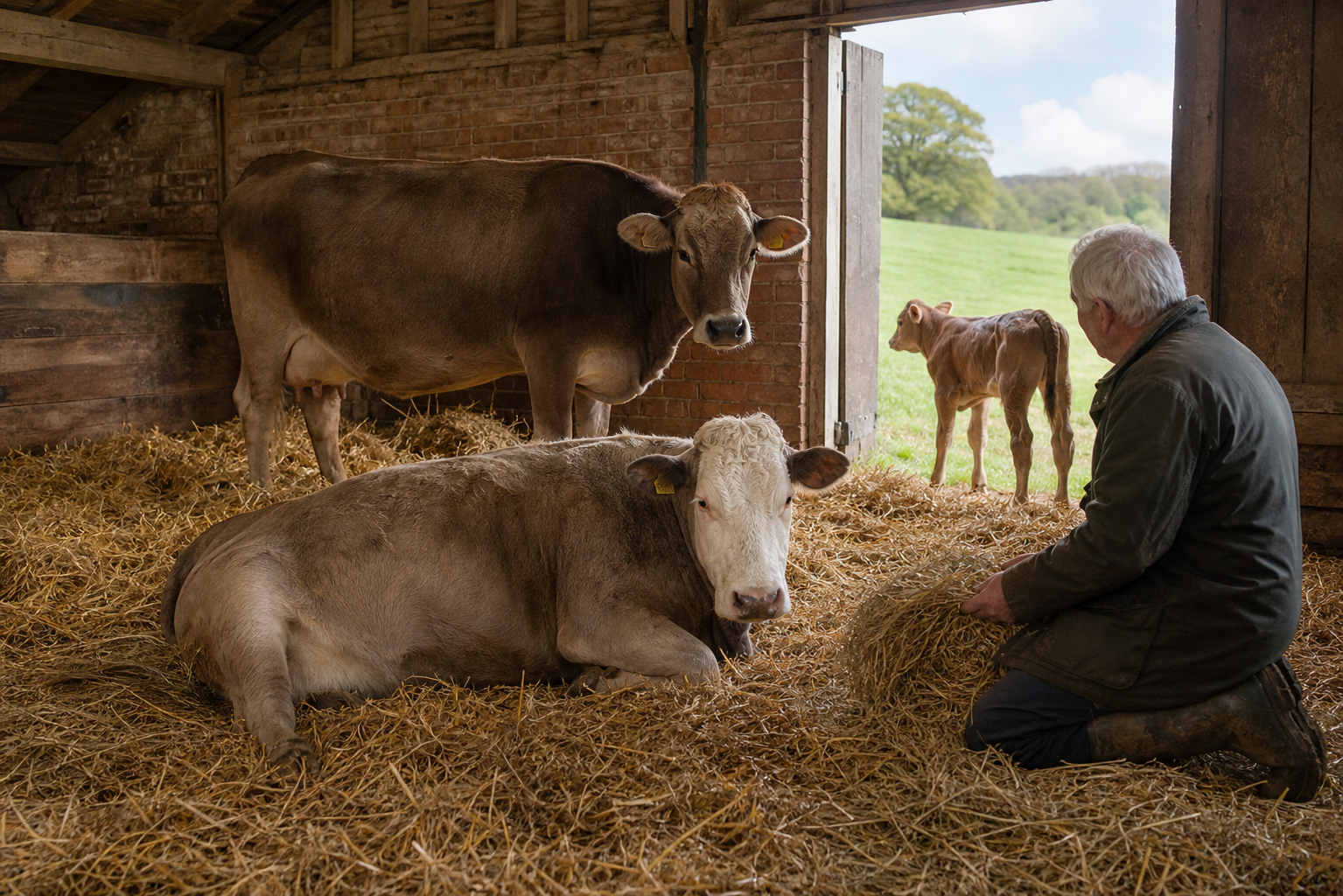 A caretaker brings hay to an elderly cow resting on straw while another cow and a male calf remain nearby.