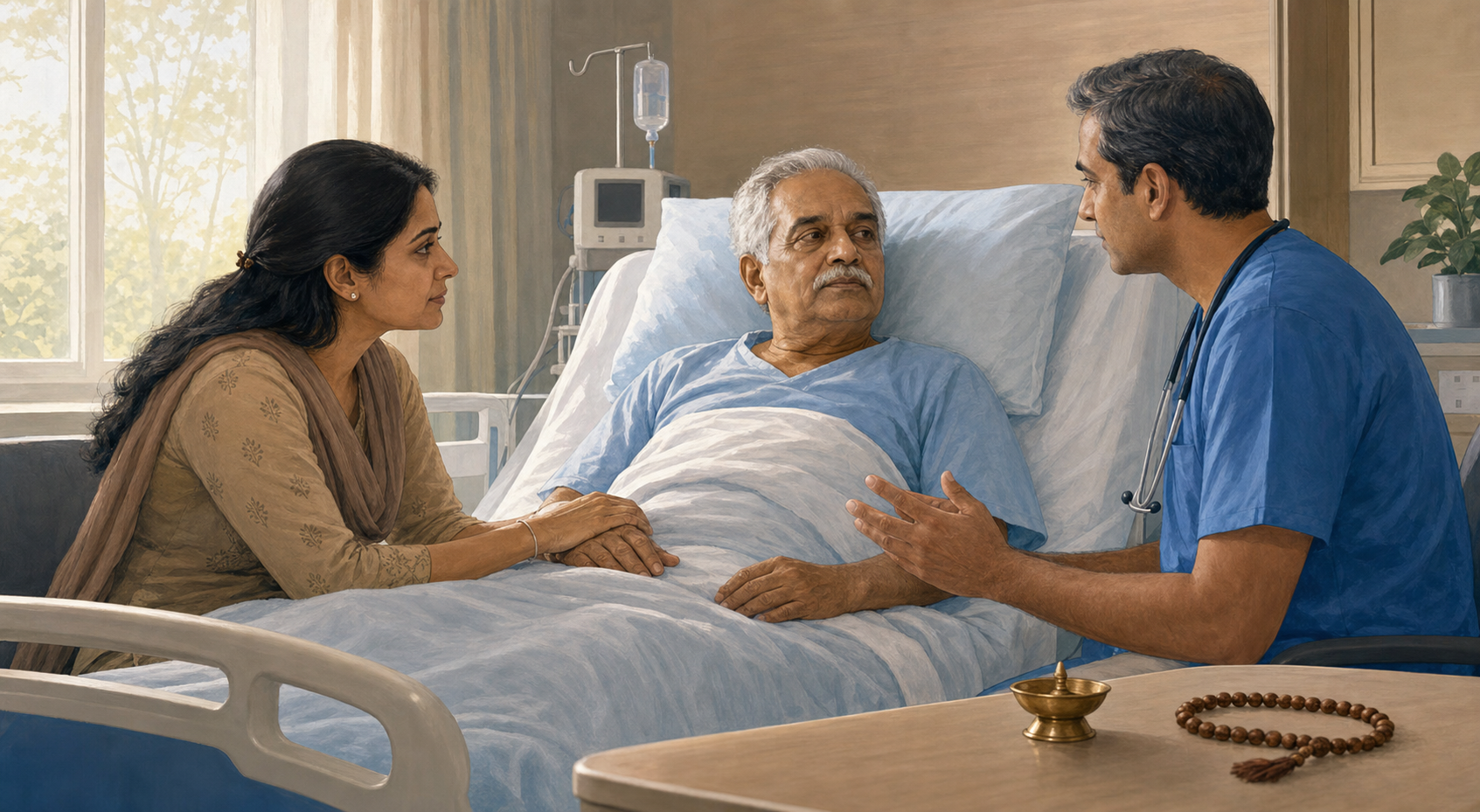 A hospitalized stroke patient rests beside a family member and clinician, with prayer beads and an unlit diya on the bedside table.