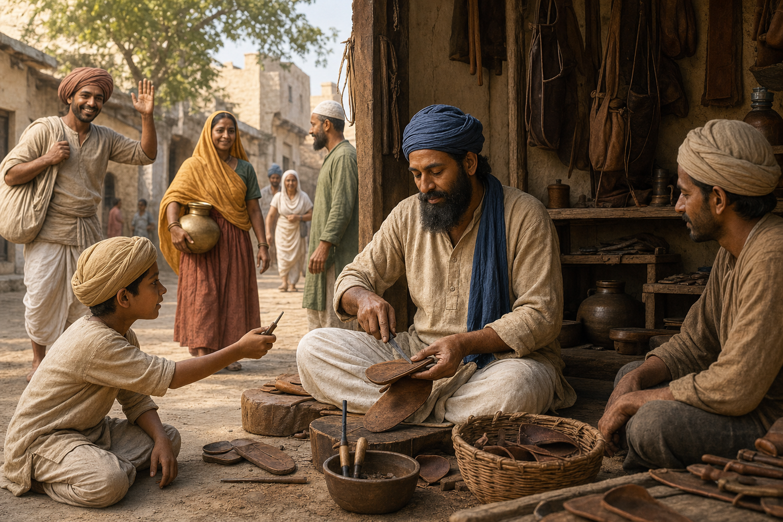 Ravidas works at a sandal-making bench in a sunlit neighborhood workshop while adults and a child interact with him as equals.