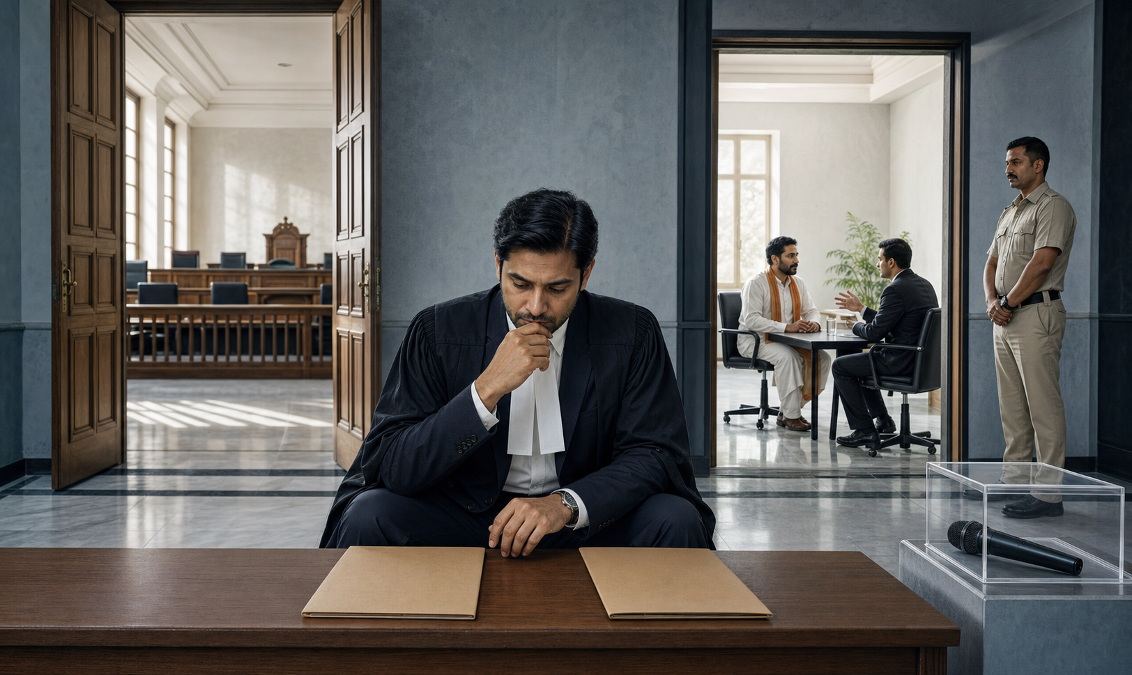 A lawyer reviews two separate case folders near a courtroom while a detained speaker consults counsel beside a police officer.