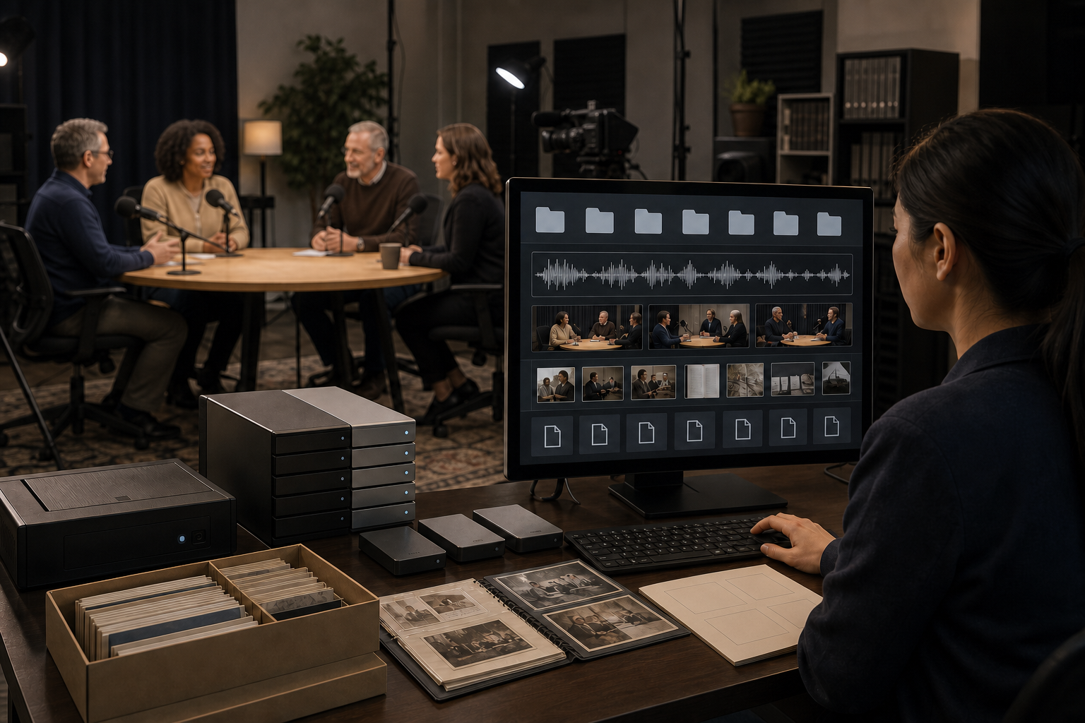 Educators record a roundtable broadcast while an archivist organizes the resulting media on a computer.