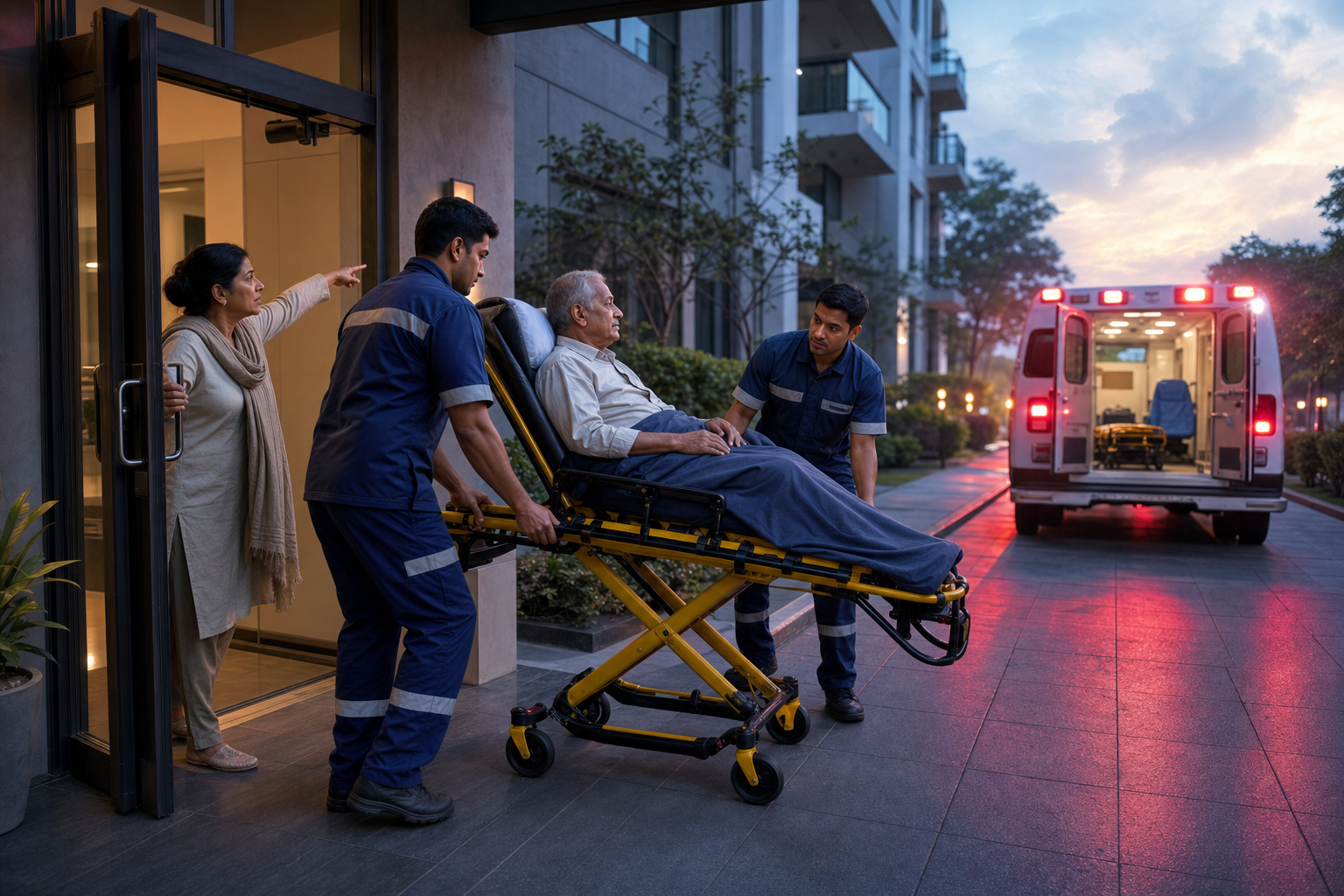 Paramedics move an older adult on a stretcher toward an ambulance while a concerned relative holds open the doorway.