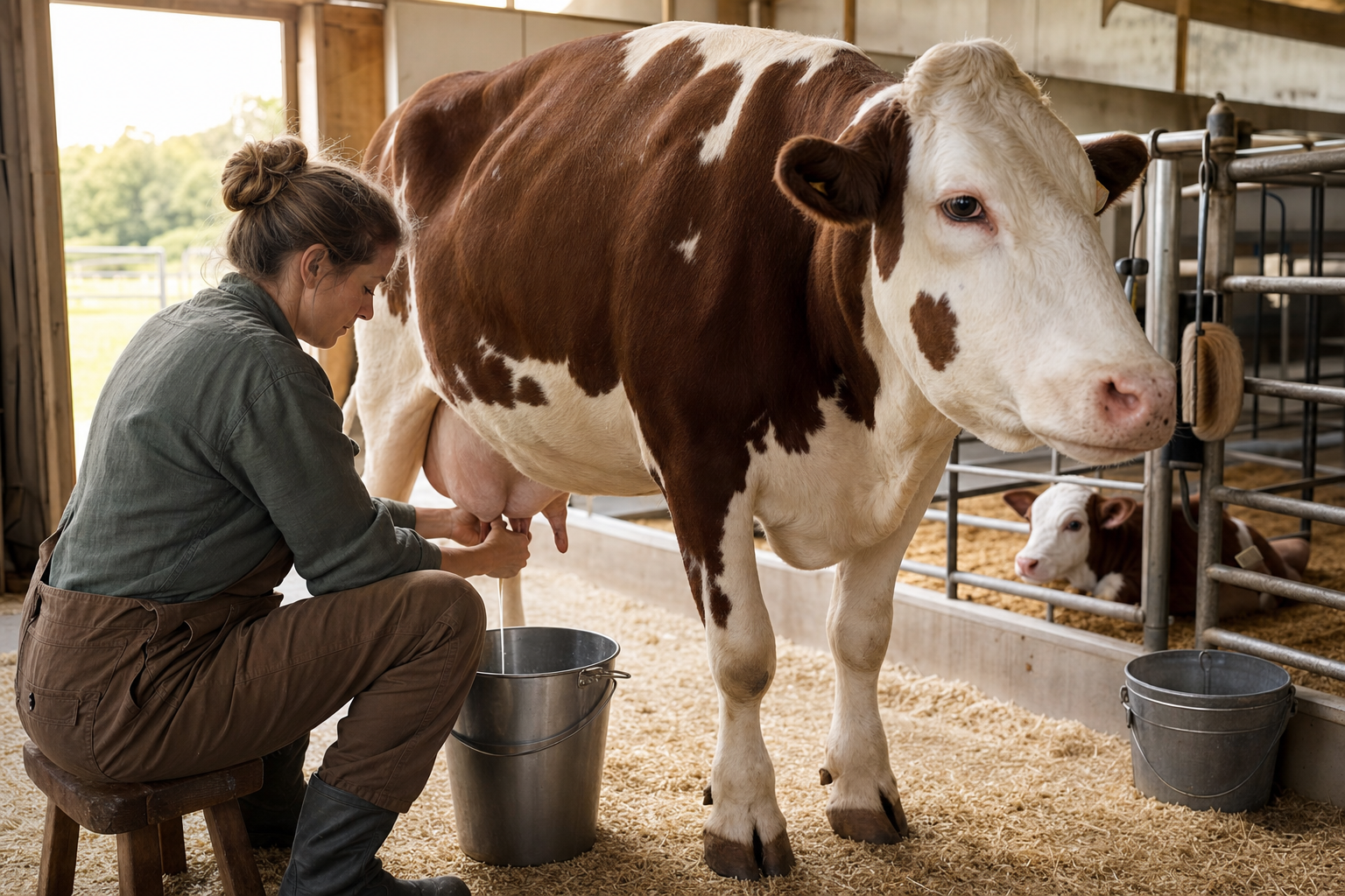A farm worker hand-milks a relaxed cow into a metal pail while her calf stands in a nearby open pen.
