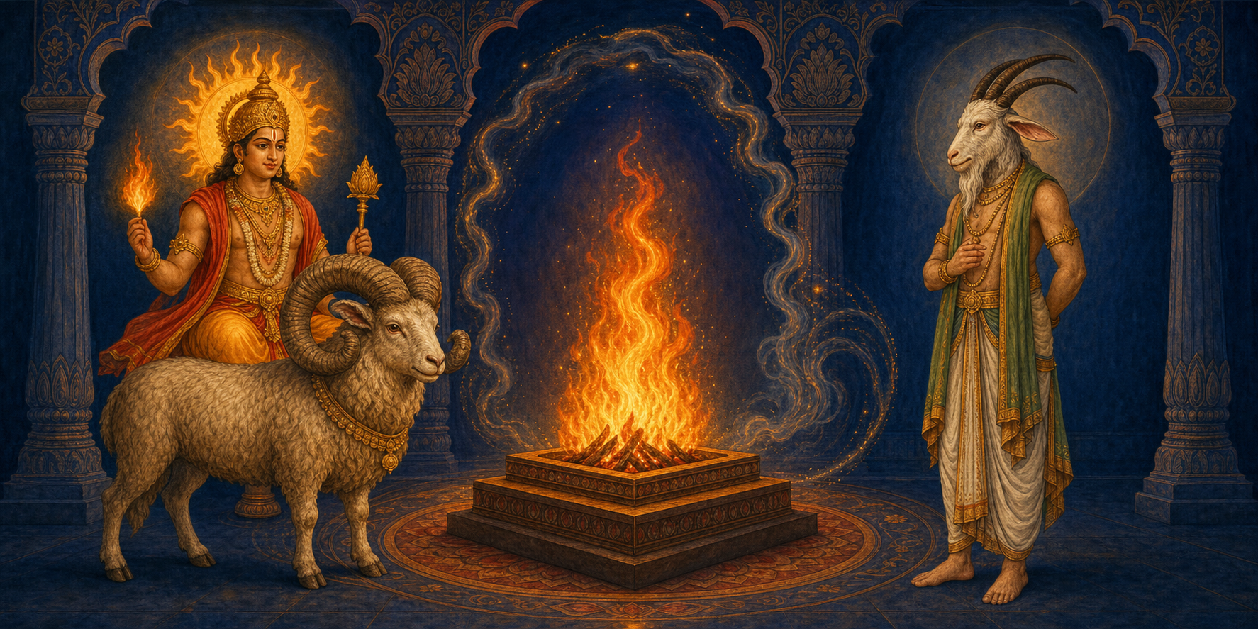 Agni stands beside a curled-horn ram on one side of a sacred fire, while goat-headed Daksha stands on the other side.