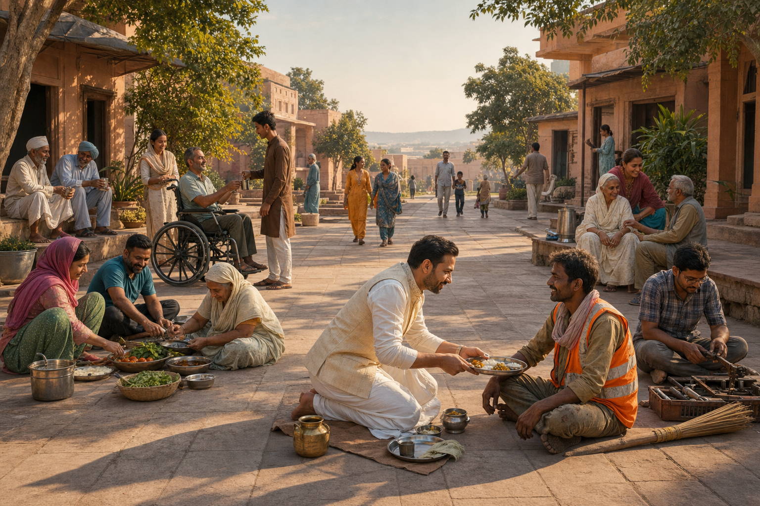 People of varied ages, abilities, and occupations share food, water, care, and work as equals in an open sunlit town courtyard.