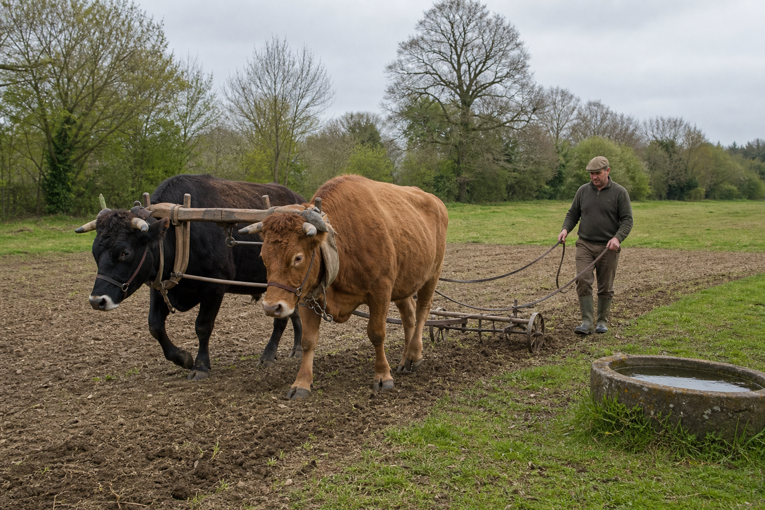 Two oxen pull a light cultivator through a shallow field row as a handler walks safely beside them.