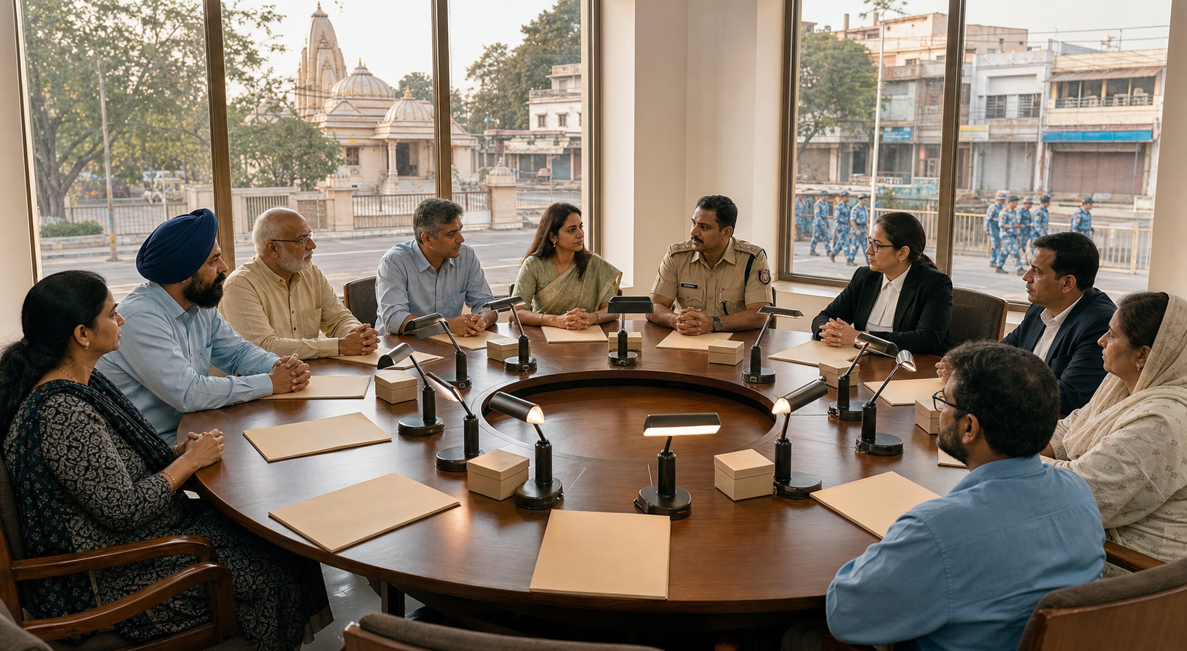 Residents, legal officials, and police meet around a circular table while a temple and neighboring buildings are visible on a protected street.