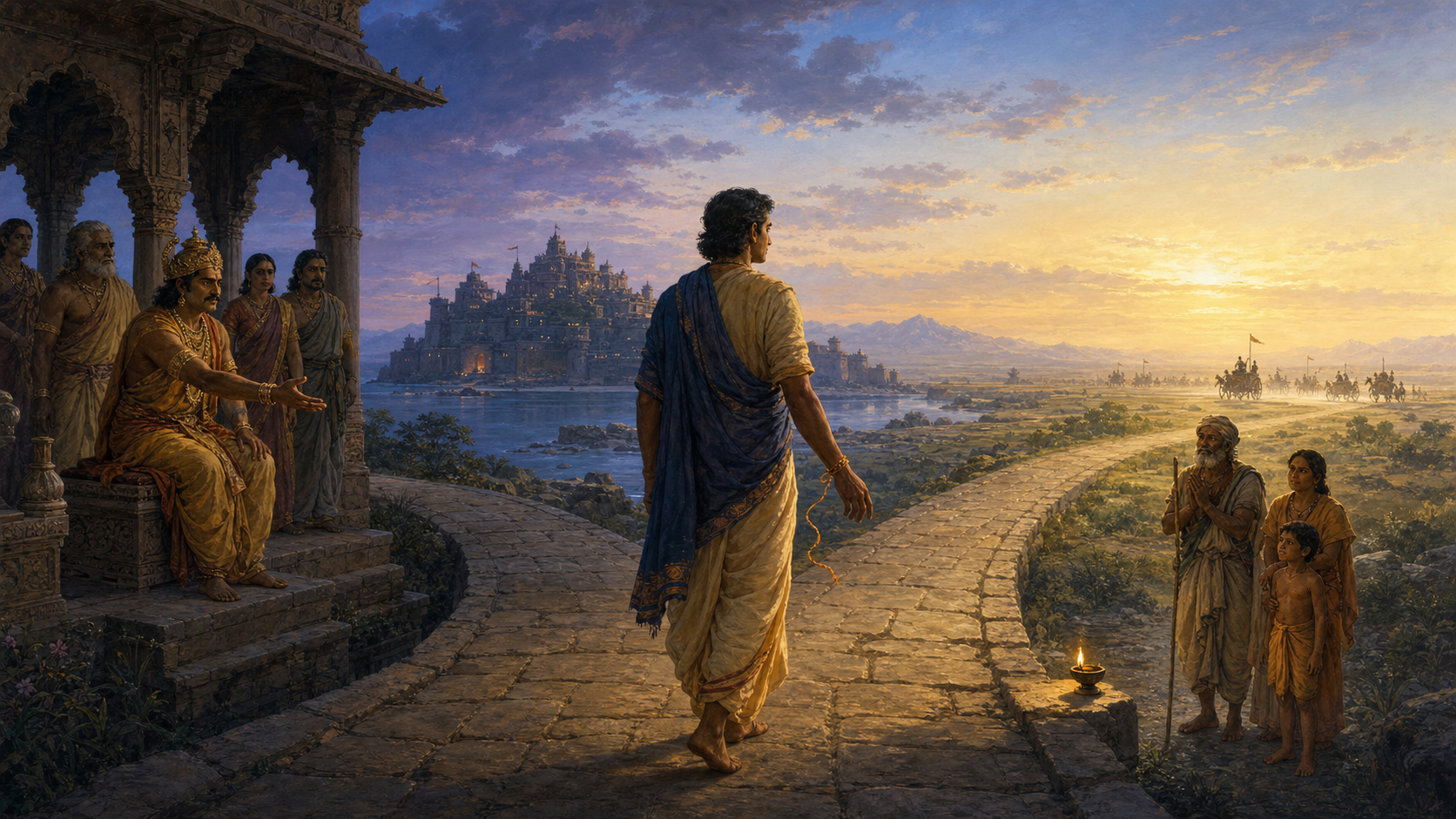 An ancient Indian court adviser stands at a fork between a shadowed royal pavilion of relatives and a sunlit path leading toward villagers, with an island city and a chariot plain in the distance.