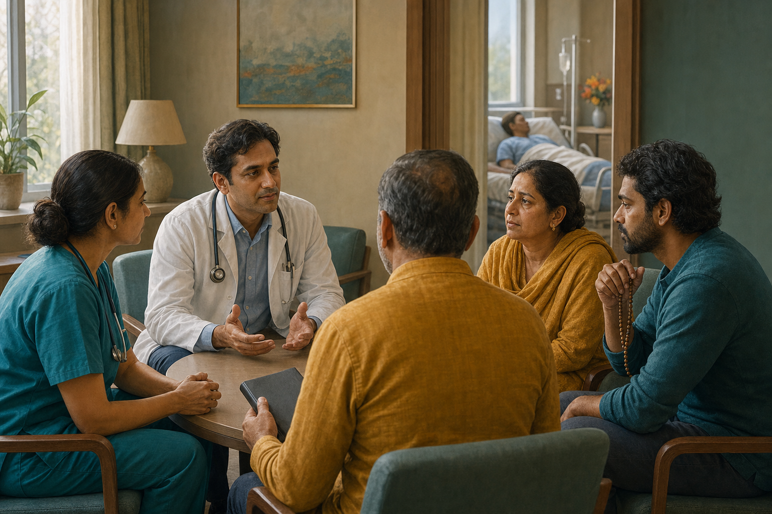 A physician and palliative-care nurse meet with three relatives while a hospitalized patient rests in an adjoining room.