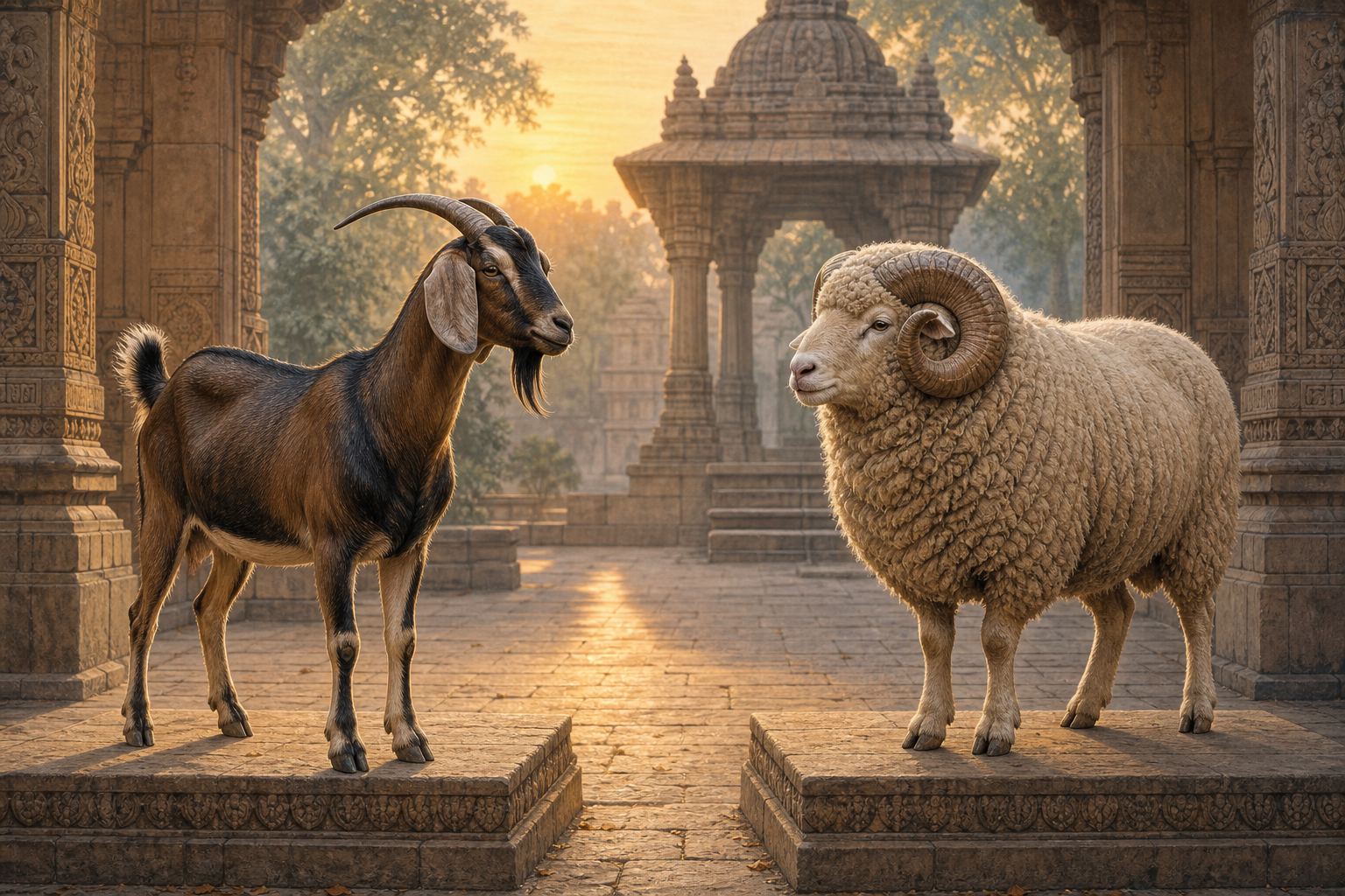 A lean bearded goat with backward-sweeping horns stands beside a woolly ram with thick curled horns in a stone courtyard.