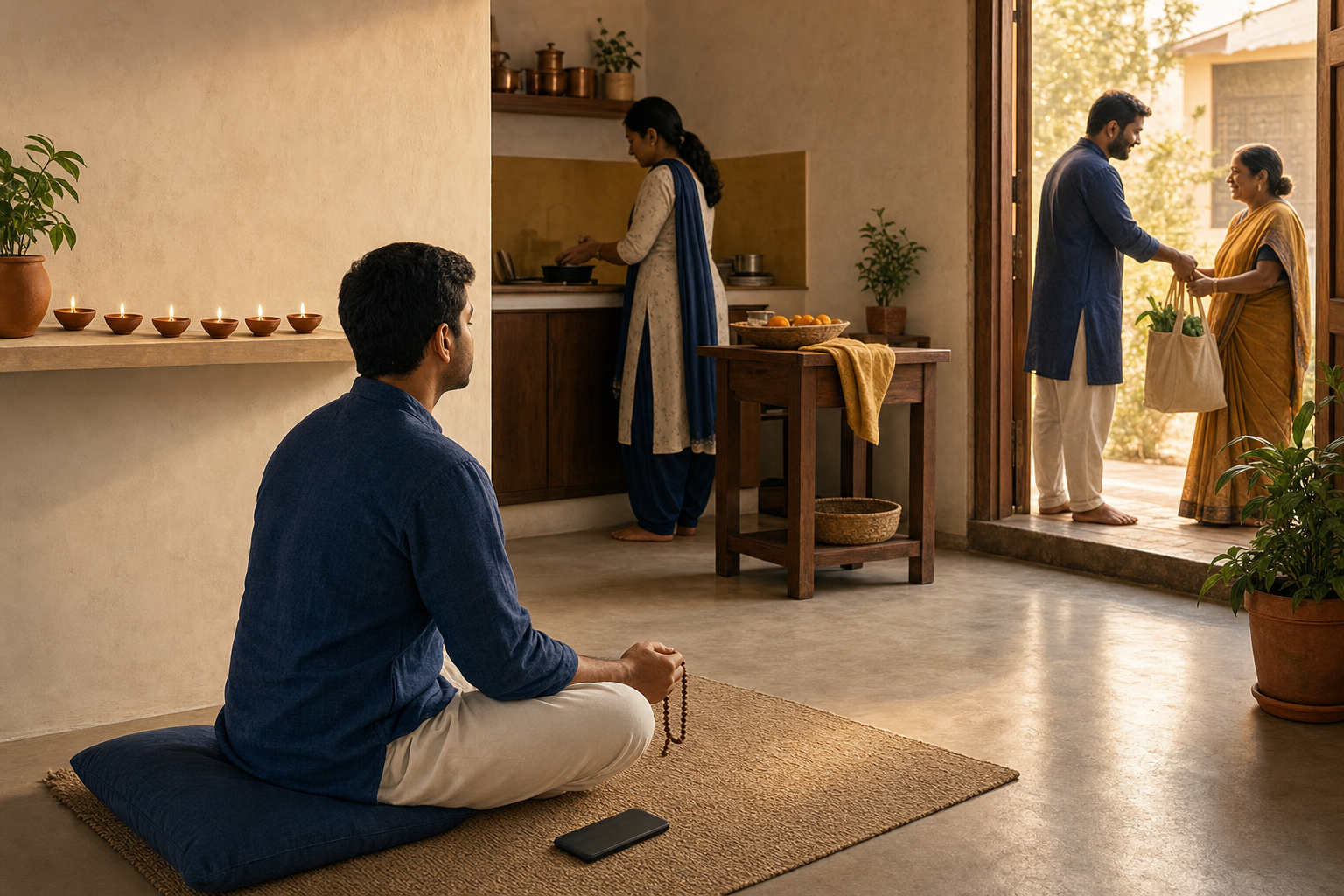A person listens quietly with prayer beads in a dawn-lit home while food is packed and a neighbor is helped nearby, with seven unmarked clay lamps on a shelf.