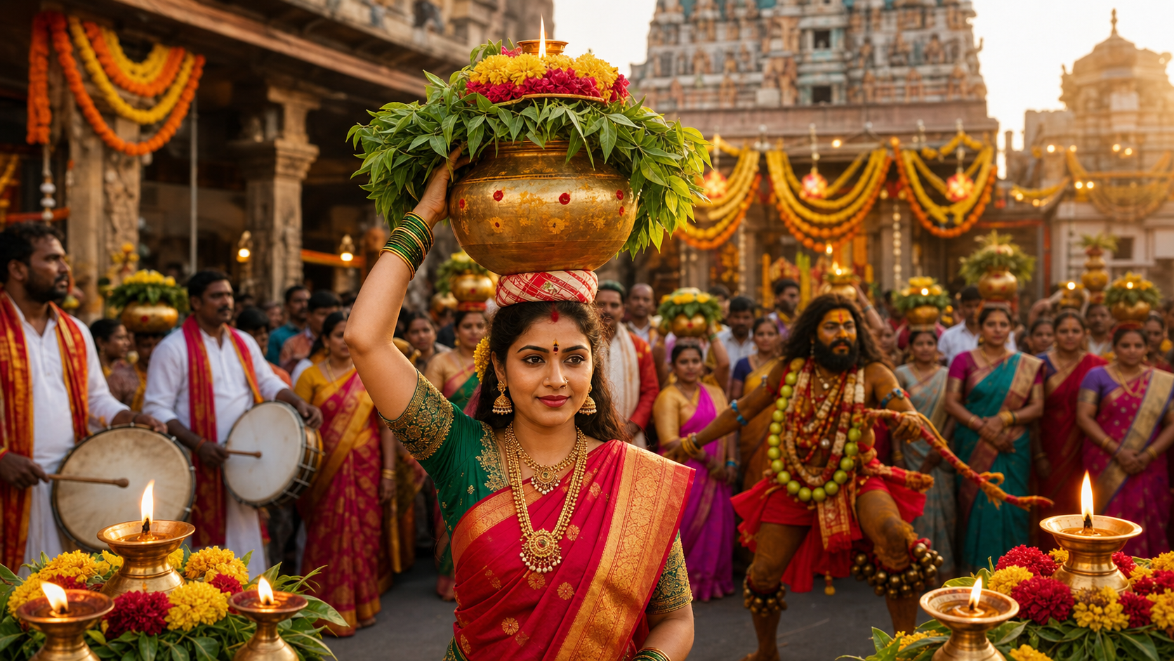 Bonalu festival procession in Telangana with a woman carrying a decorated Bonam pot
