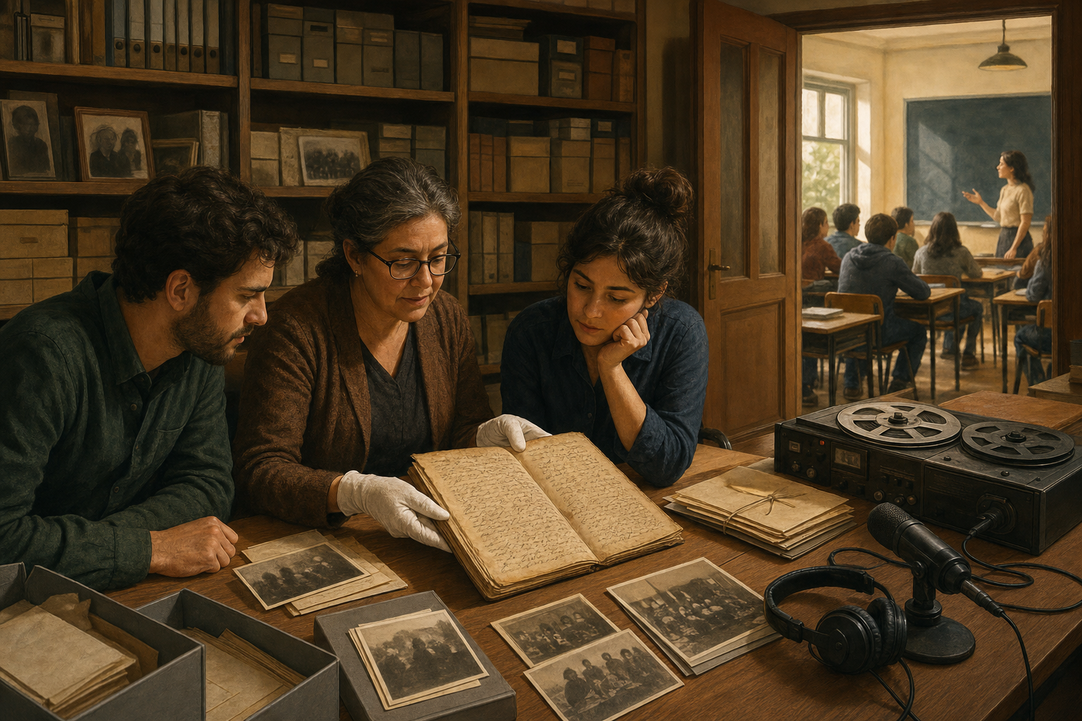 An archivist shows an old manuscript to two younger teachers as preserved recordings and photographs surround them and a classroom remains visible beyond.