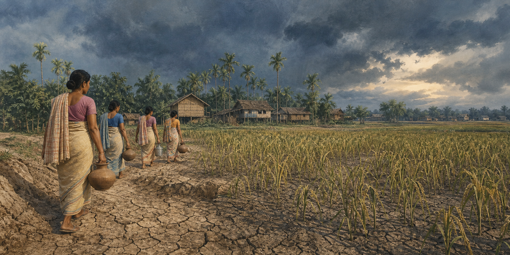 Koch Rajbongshi village women carry earthen water vessels beside a drought-stricken paddy field as monsoon clouds gather.