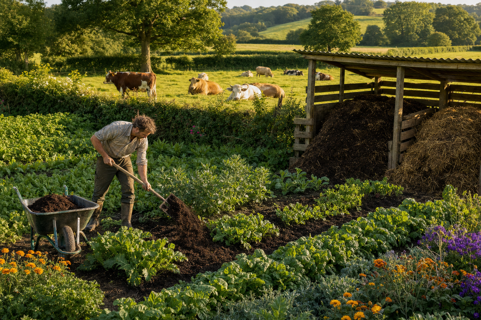 A gardener spreads matured compost on vegetable beds beside a covered manure-composting area, with cattle grazing beyond the hedgerow.