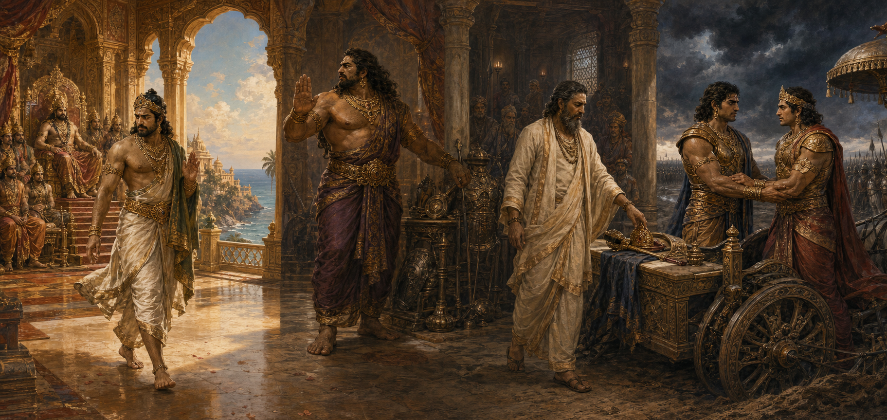 Four adjoining epic scenes show Vibhishana leaving Lanka, Kumbhakarna warning Ravana before taking up armor, Vidura departing a royal court, and Karna standing beside Duryodhana and a chariot.
