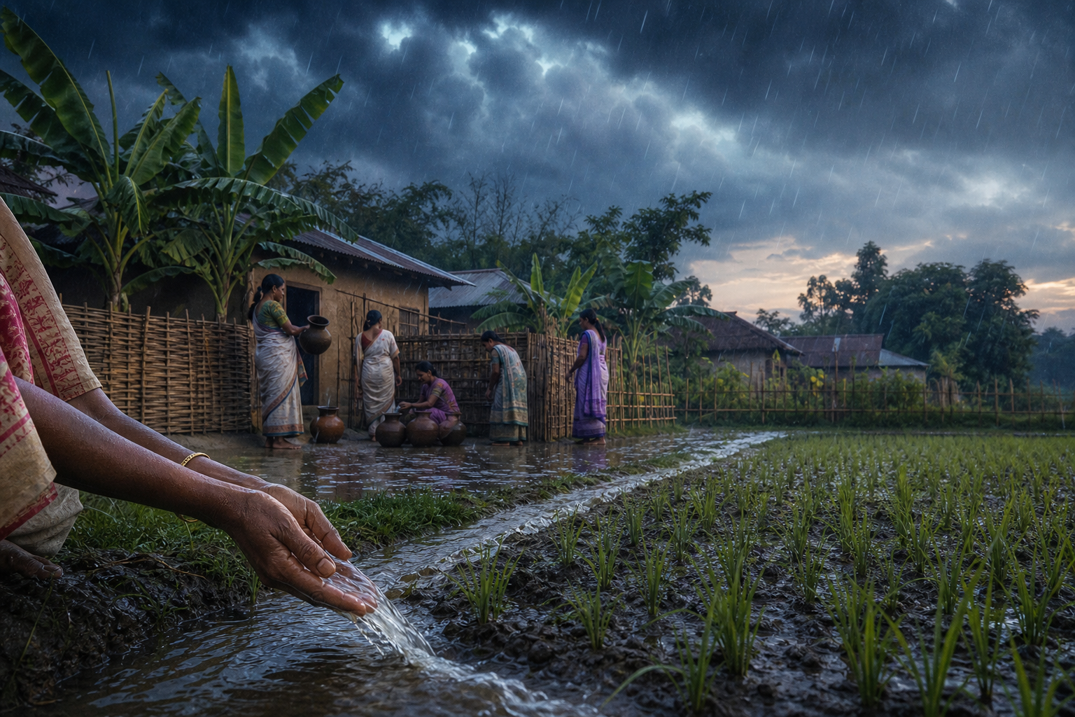 Rain clouds, a discreet gathering of village women, and water flowing around rice seedlings connect sky, community, and field.