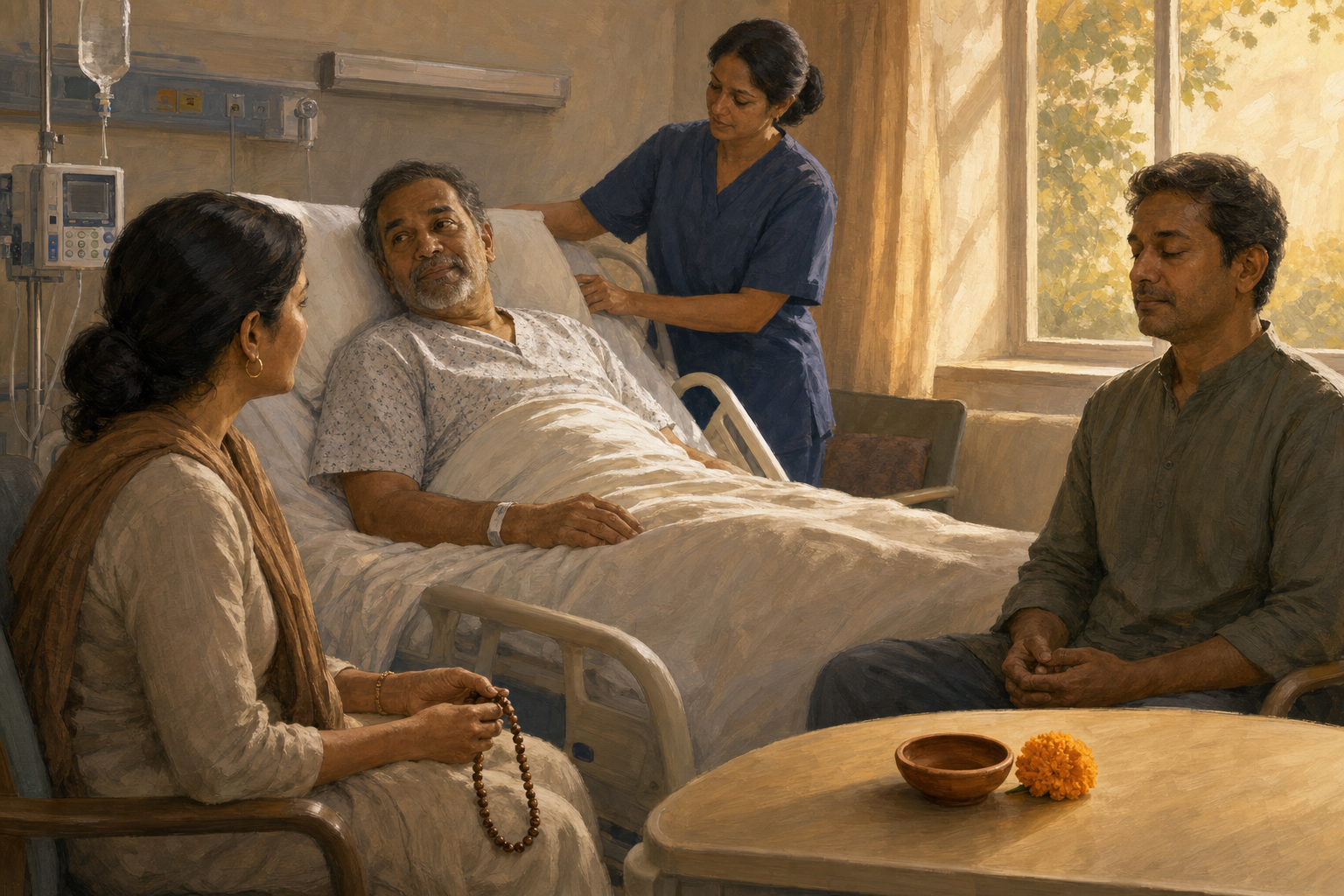 A patient rests in a hospital bed as loved ones offer quiet prayer and meditation and a nurse adjusts a pillow.