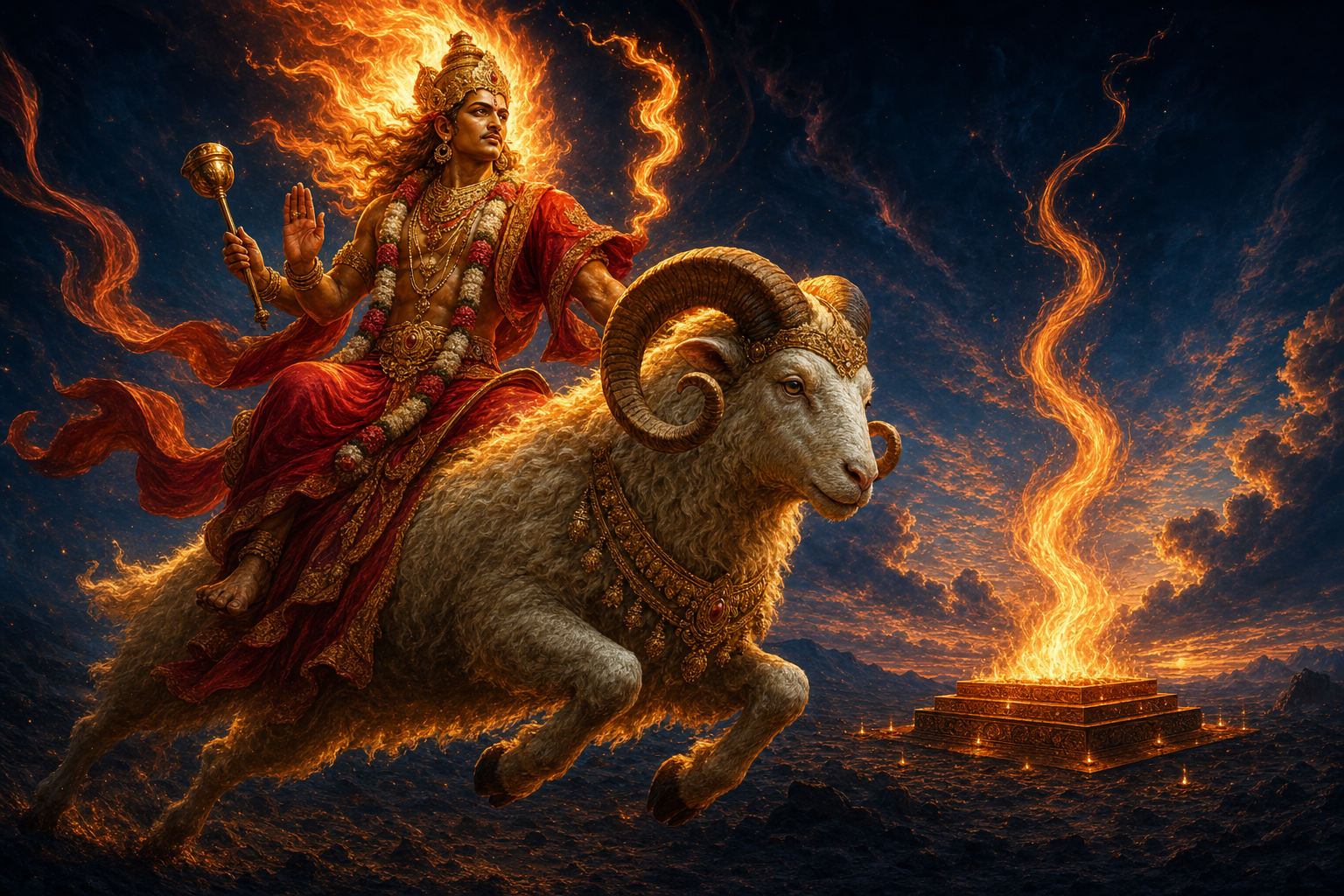 Agni, surrounded by rising flames, travels with a powerful woolly ram whose spiral horns catch the firelight.