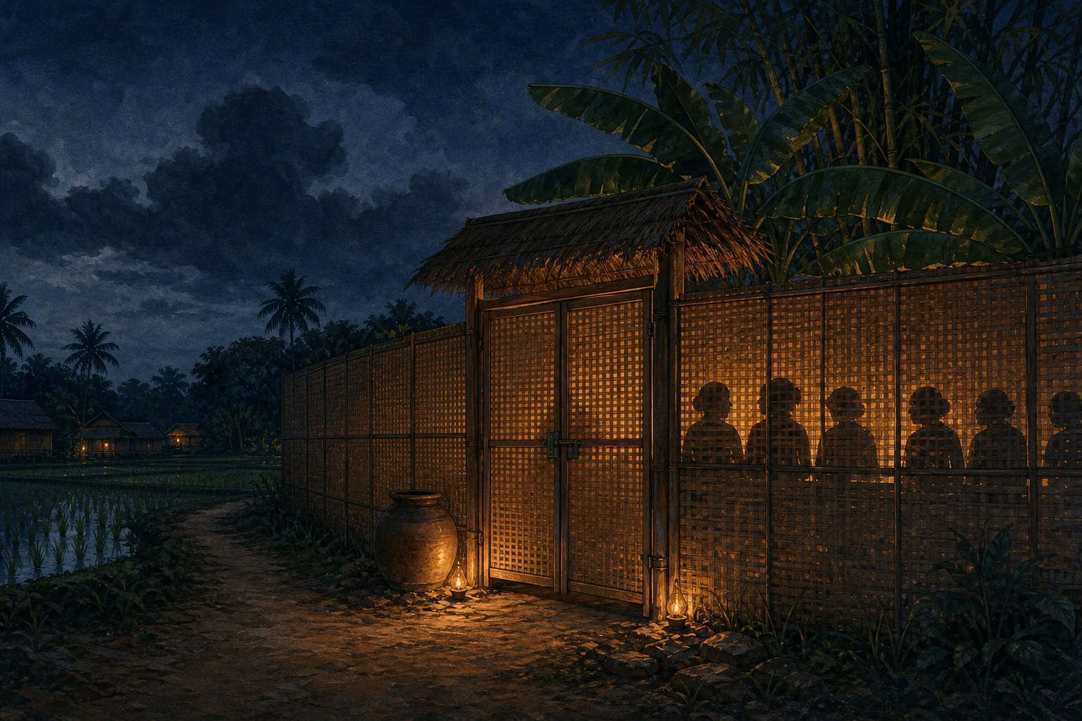 Warm lamplight and the silhouettes of women appear behind a woven bamboo screen enclosing a private village courtyard at night.