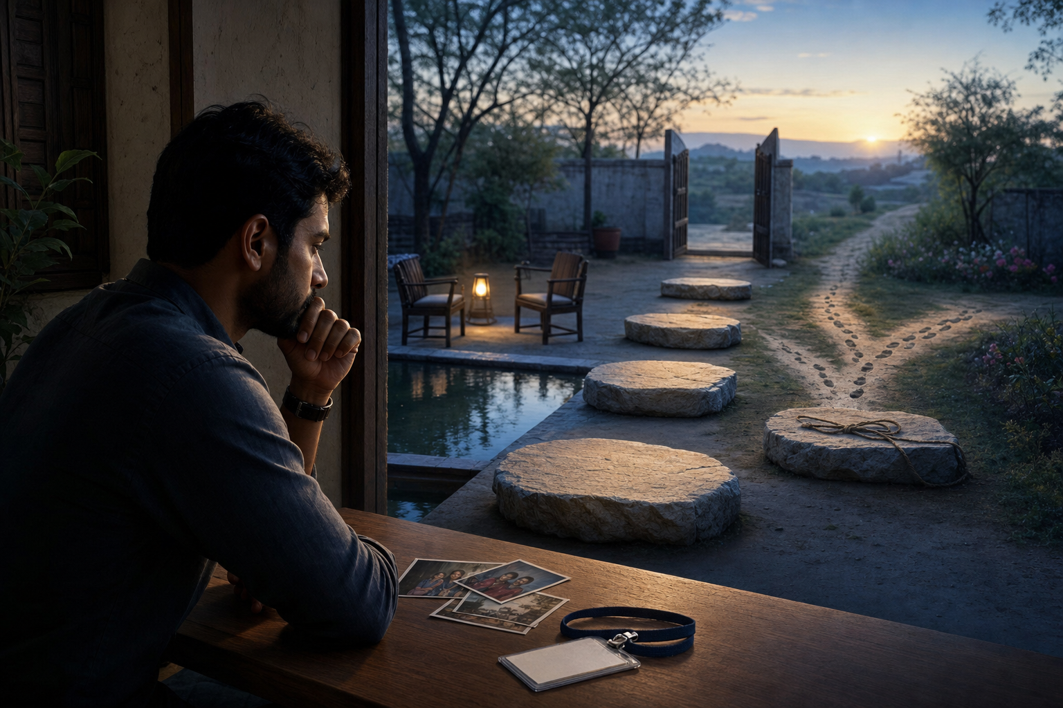 A thoughtful adult sits beside a courtyard path of five stone markers featuring a reflection pool, a lamp with two seats, an open gate, branching footprints, and an unknotted cord leading toward daylight.