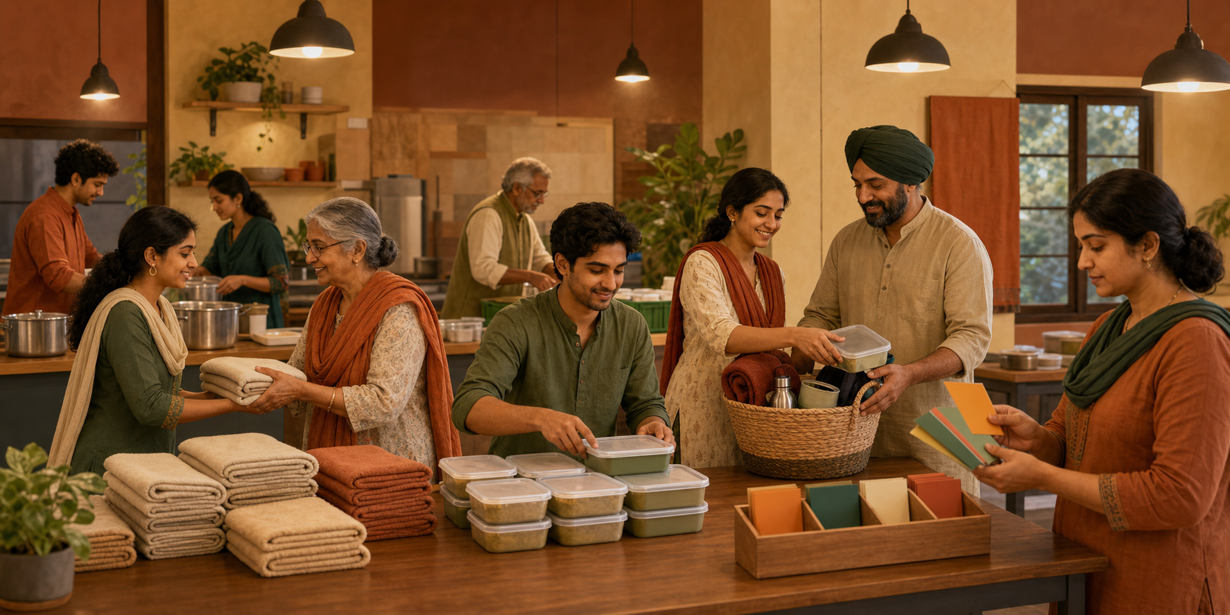 Sangha volunteers in a community kitchen coordinate meal packages, folded shawls, and a practical care basket.