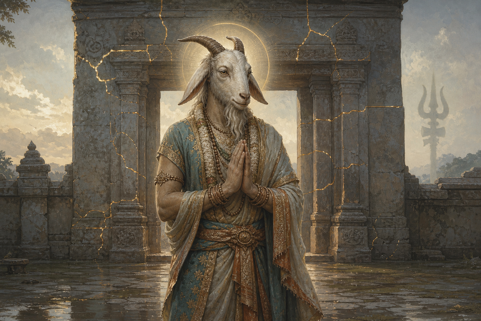 Goat-headed Daksha stands with joined hands before a repaired ceremonial gateway in a quiet sacred enclosure.