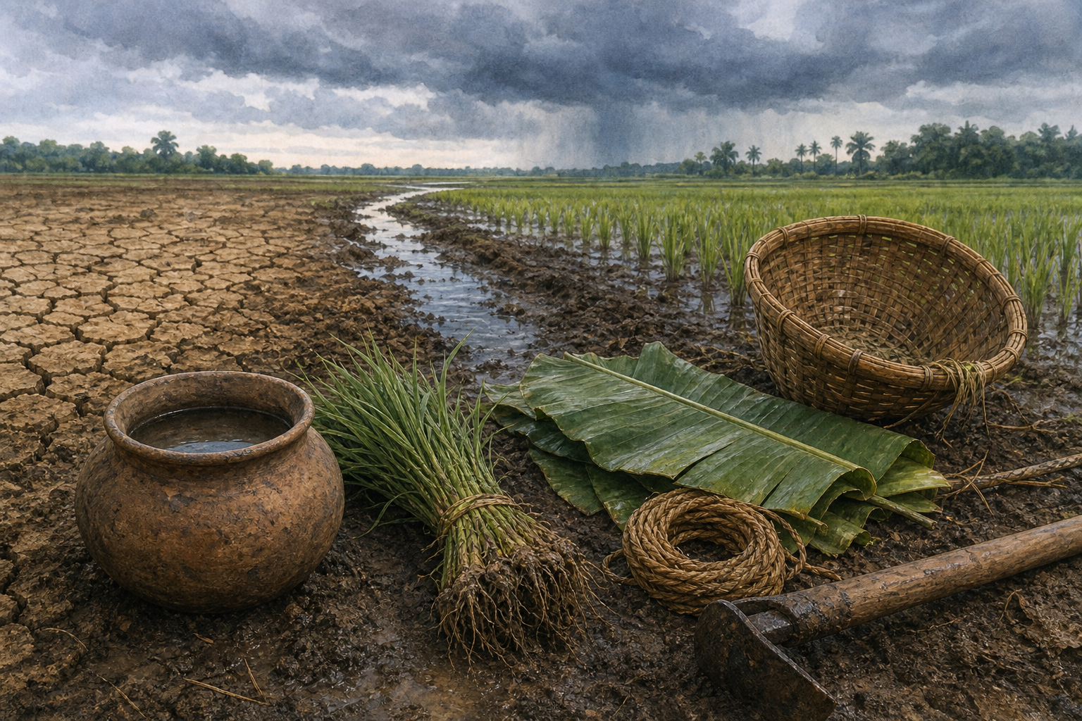 An earthen water vessel, rice seedlings, banana leaves, a bamboo basket, natural fiber, and a hand hoe rest beside a paddy-field furrow.