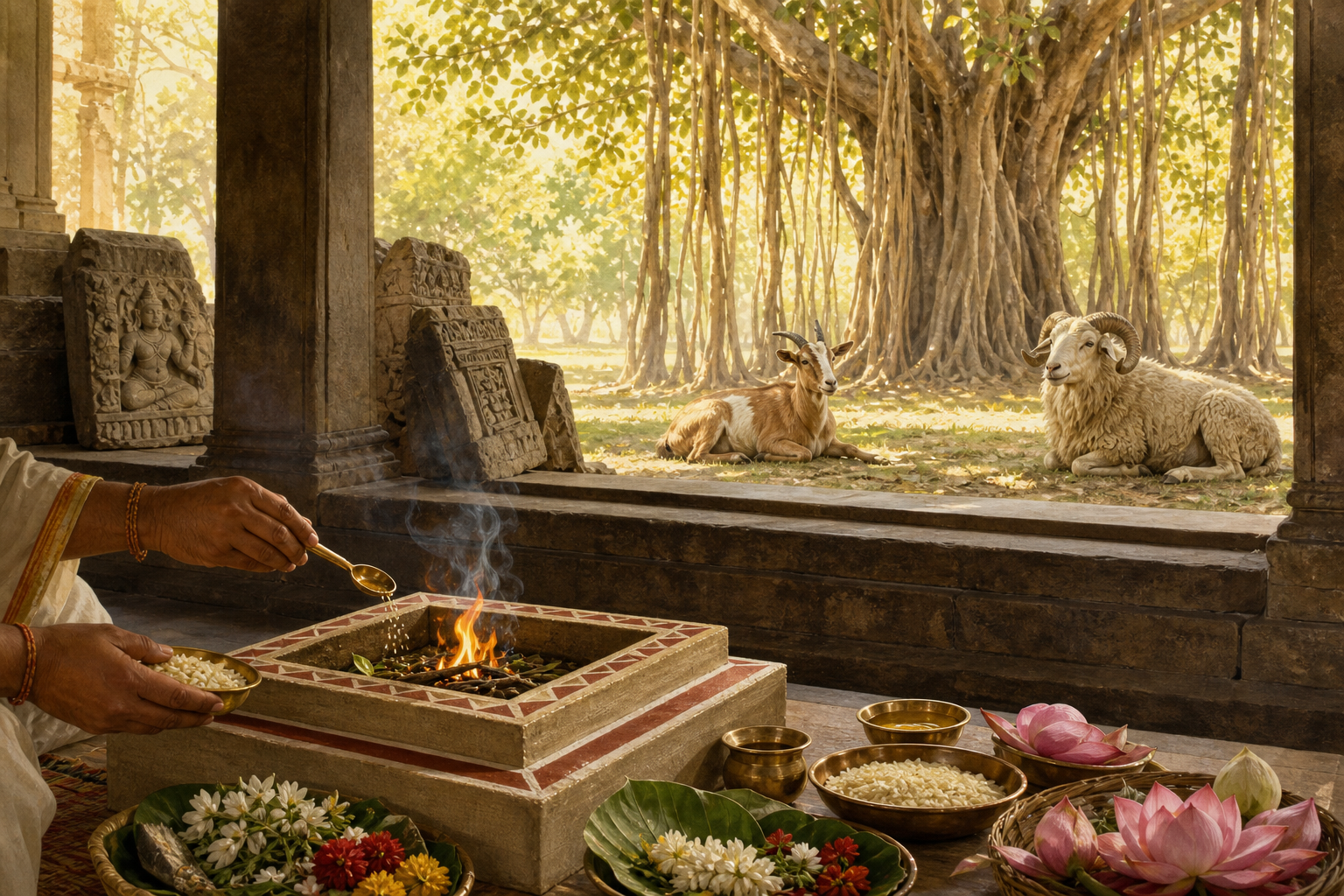 Grains, clarified butter, leaves, and flowers surround a small ritual fire while a living goat and ram rest beneath a tree outside the pavilion.