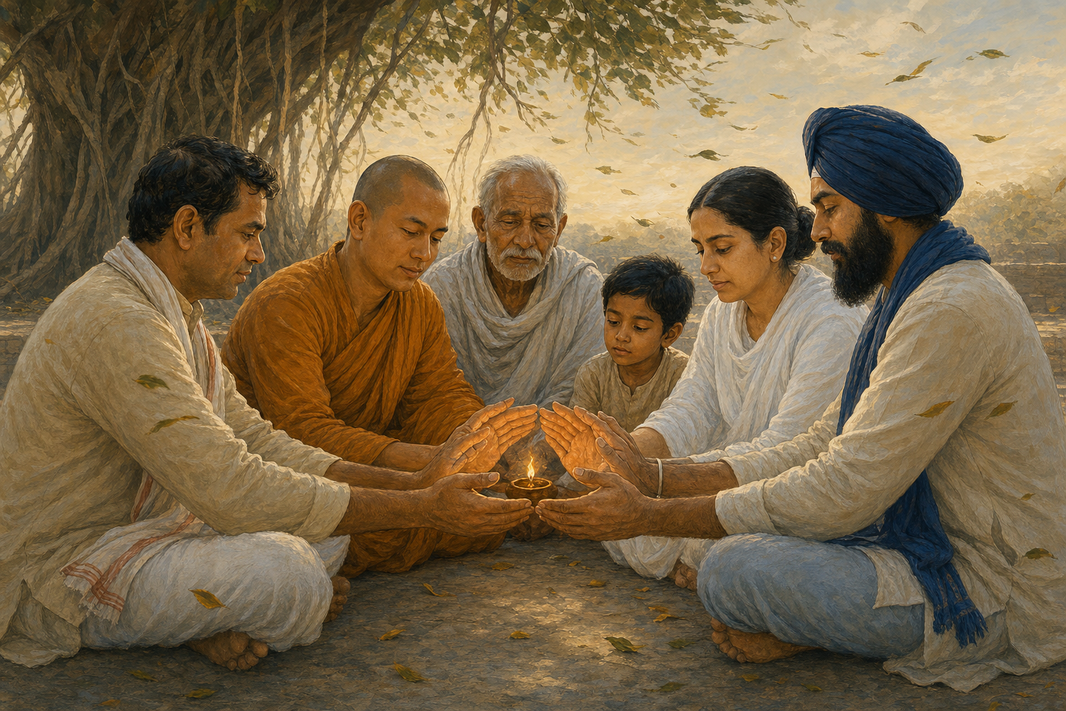 A Hindu lay scholar, Buddhist monastic, Jain lay practitioner, and Sikh householder sit in an equal circle and shelter an oil lamp beside an elderly villager and a child.