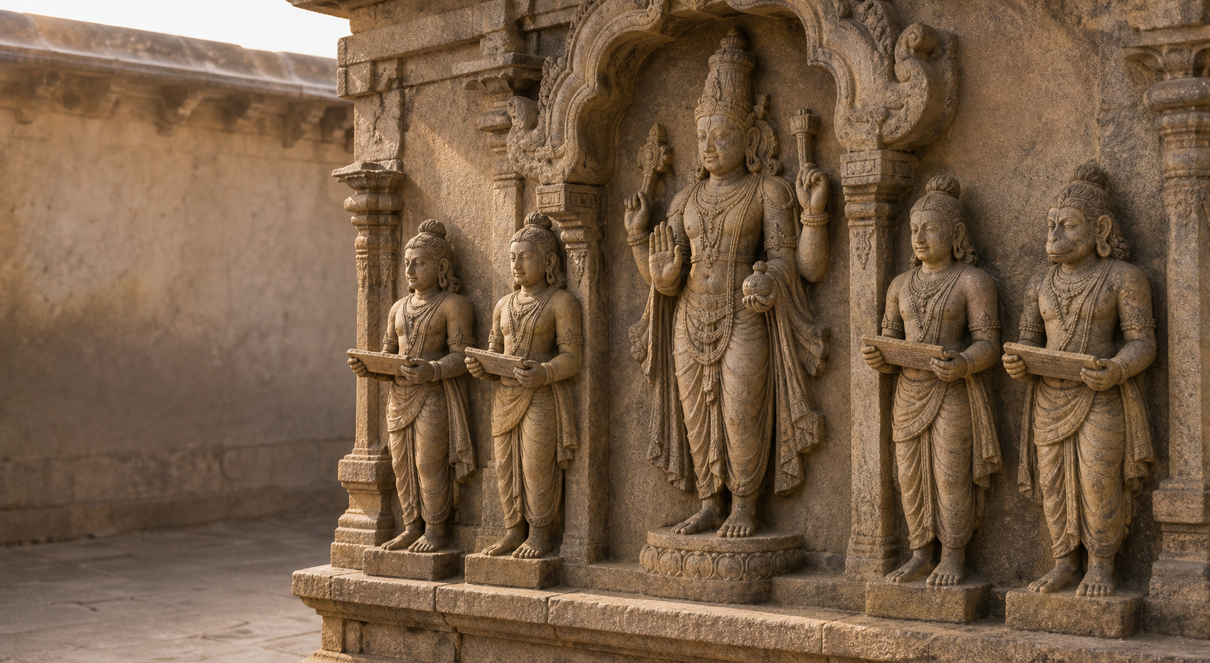 Weathered temple frieze showing four manuscript-bearing personifications beside a deity, including one human-bodied figure with a simian face.