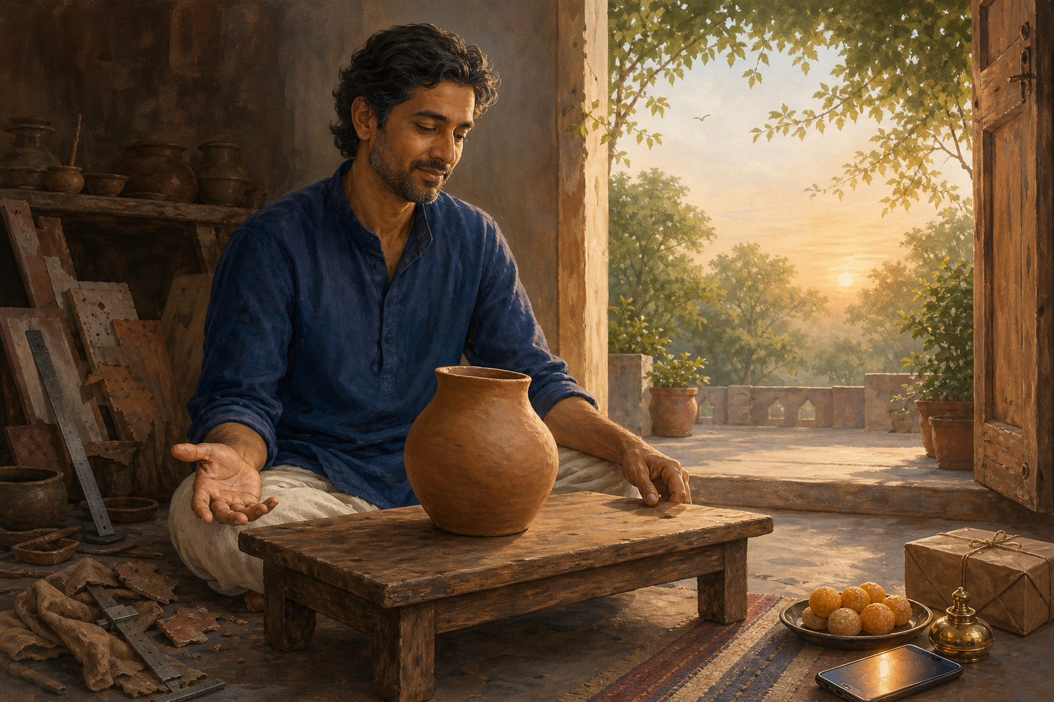A person sits calmly beside an asymmetrical clay vessel in a dawn-lit courtyard, with measuring tools and tempting objects nearby.