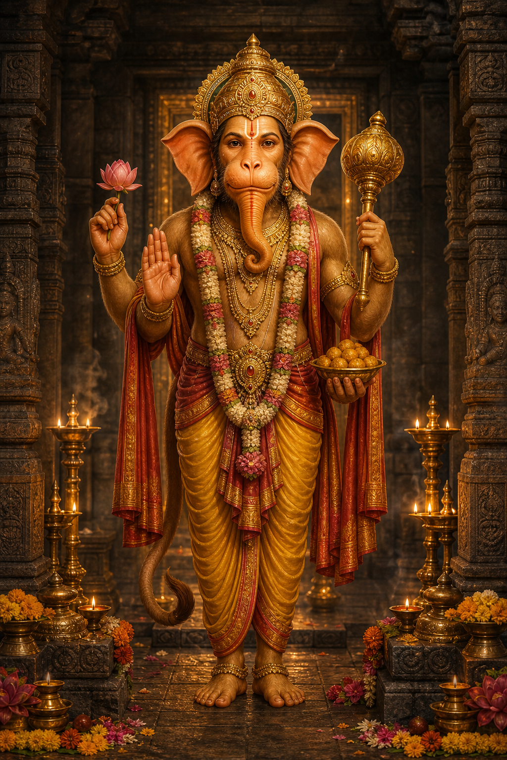 A composite sacred figure with the features of Ganesha and Hanuman stands in a lamp-lit South Indian temple sanctum.