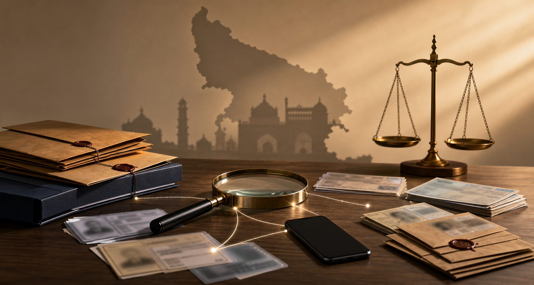 An investigative desk with evidence folders, a phone, obscured identity documents, financial slips, a magnifying glass and scales of justice beside an outline of Uttar Pradesh.
