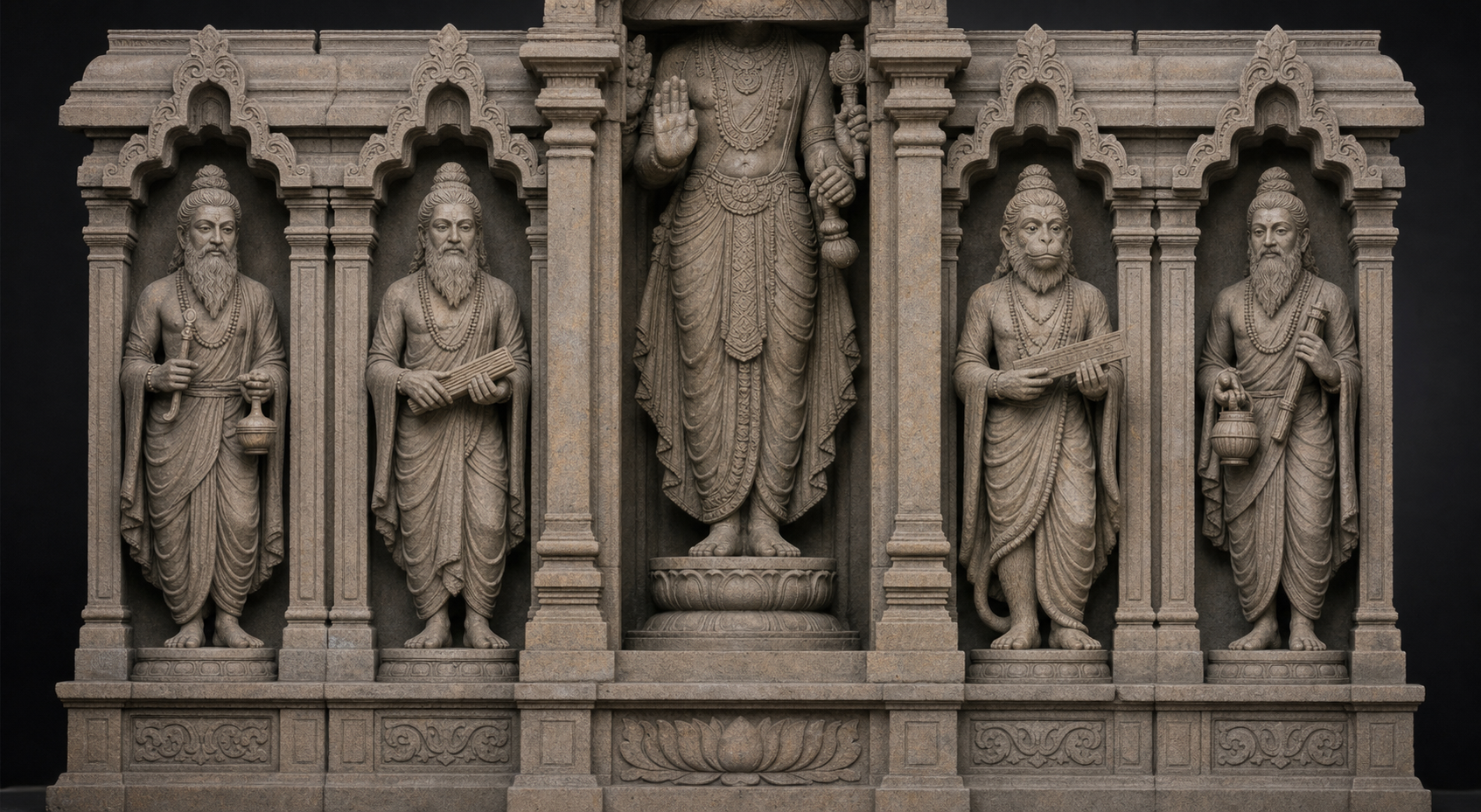 Four sage-like Veda personifications occupy matching temple niches, with one simian-faced figure holding a manuscript.