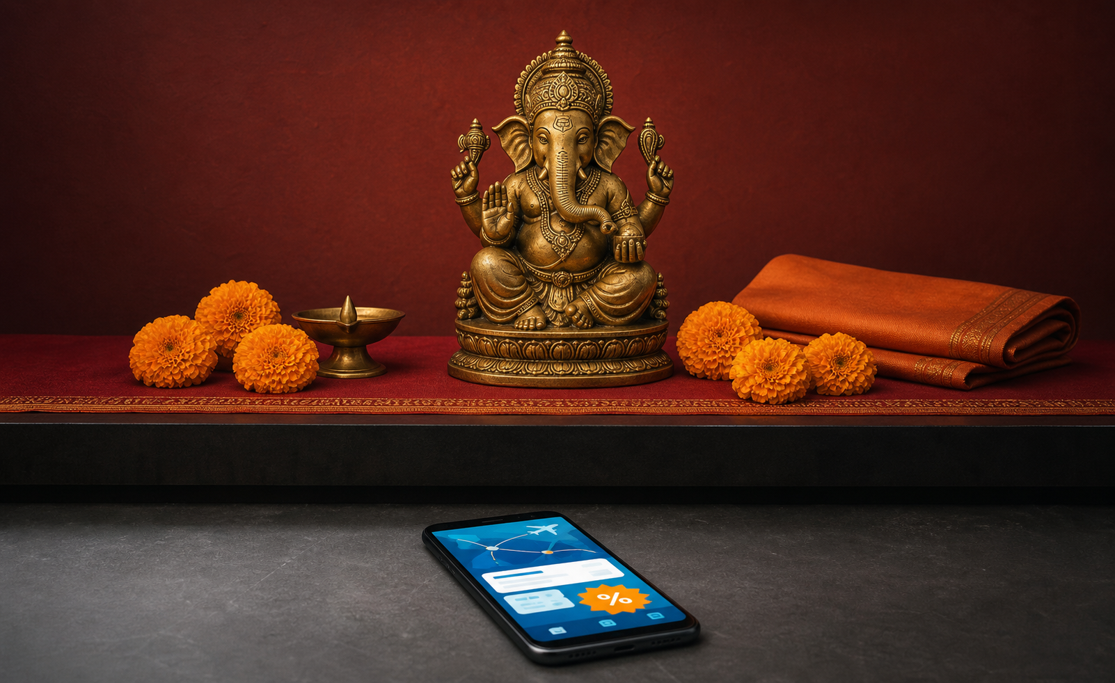 A brass Ganesha murti on an elevated flower-decorated altar, separated by shadow from a smartphone showing generic travel and discount symbols.