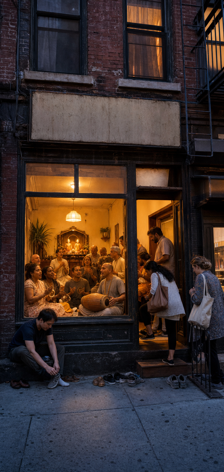 Devotees of several generations gather for evening kirtan inside a warmly lit, narrow brick storefront on New York's Lower East Side.